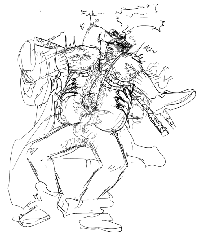 anal black_and_white body_hair bondage boots gay hairy hairy_balls jojo's_bizarre_adventure jotaro_kujo partially_clothed questionable_anatomy sketch spicyzawa stardust_crusaders tentacle yaoi