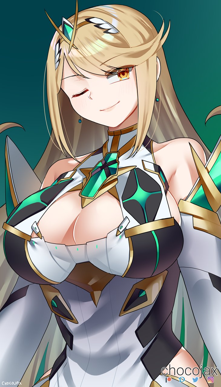 1girls ;) armpit_crease bangs bare_shoulders blonde_hair breasts chocojax cleavage_cutout collarbone commentary commission english_commentary eyebrows_visible_through_hair female green_background green_earrings hair_ornament highres hikari_(xenoblade_2) large_breasts long_hair mythra nintendo one_eye_closed sidelocks simple_background smile swept_bangs upper_body xenoblade_(series) xenoblade_chronicles_2 yellow_eyes