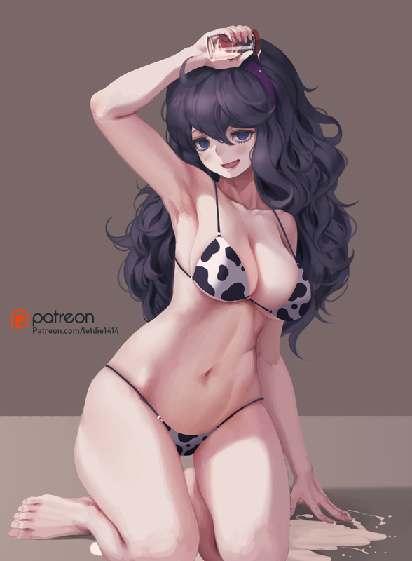 :d, @ @, 1girls, animal print, armpits, arms up, barefoot, bikini, blush, bottle, breasts, clavicle, cleavage, cow print, feet, female, female only, hairband, half-closed eyes, hex maniac, human, kneeling, knees, legs, letdie1414, long hair, medium breasts, messy hair, midriff, milk, milk bottle, navel, nintendo, open mouth, patreon, patreon username, pokemon, pokemon xy, purple eyes, purple hair, sideboob, slnder waist, smile, solo, solo female, stomach, swimsuit, url