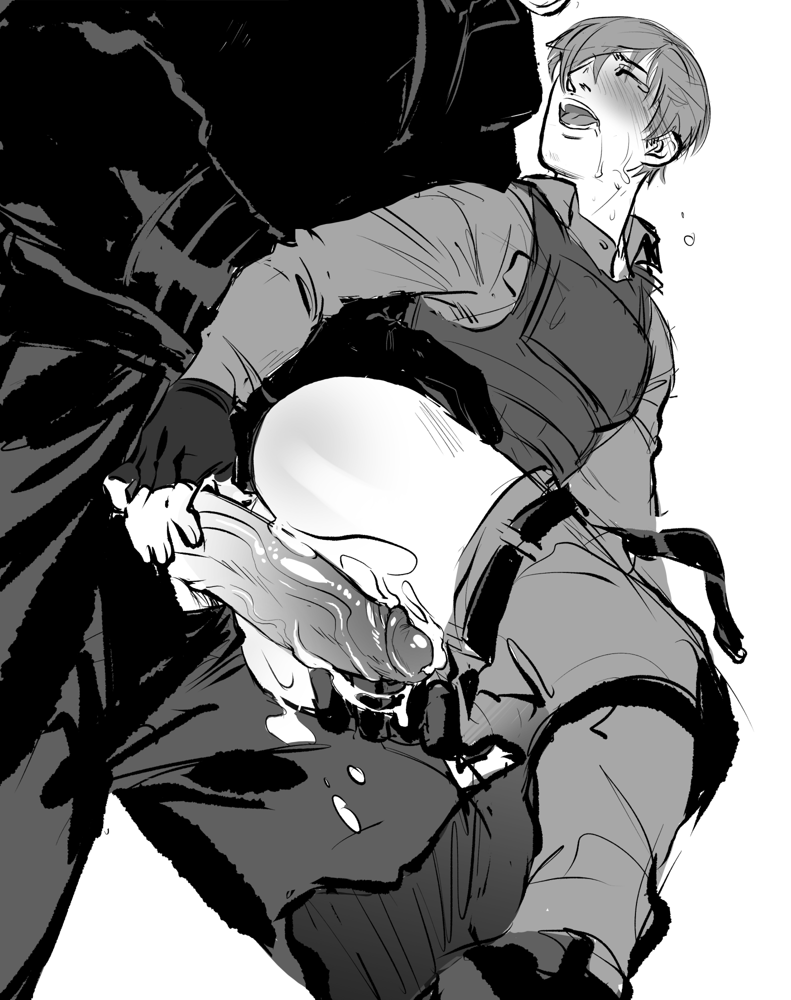 2boys, after anal, after sex, ass, balls, big penis, black and white, blush, closed eyes, clothed, clothing, cum, cum in ass, cum on clothes, drooling, dubious consent, gay, gloves, hand on penis, huge cock, leon scott kennedy, male, male only, monochrome, mr x, pants, pants down, penis, police, police uniform, questionable consent, resident evil, short hair, smaller male, tear, testicles, thick penis, thick thighs, thighs, tyrant, vein, veiny penis, yaoi