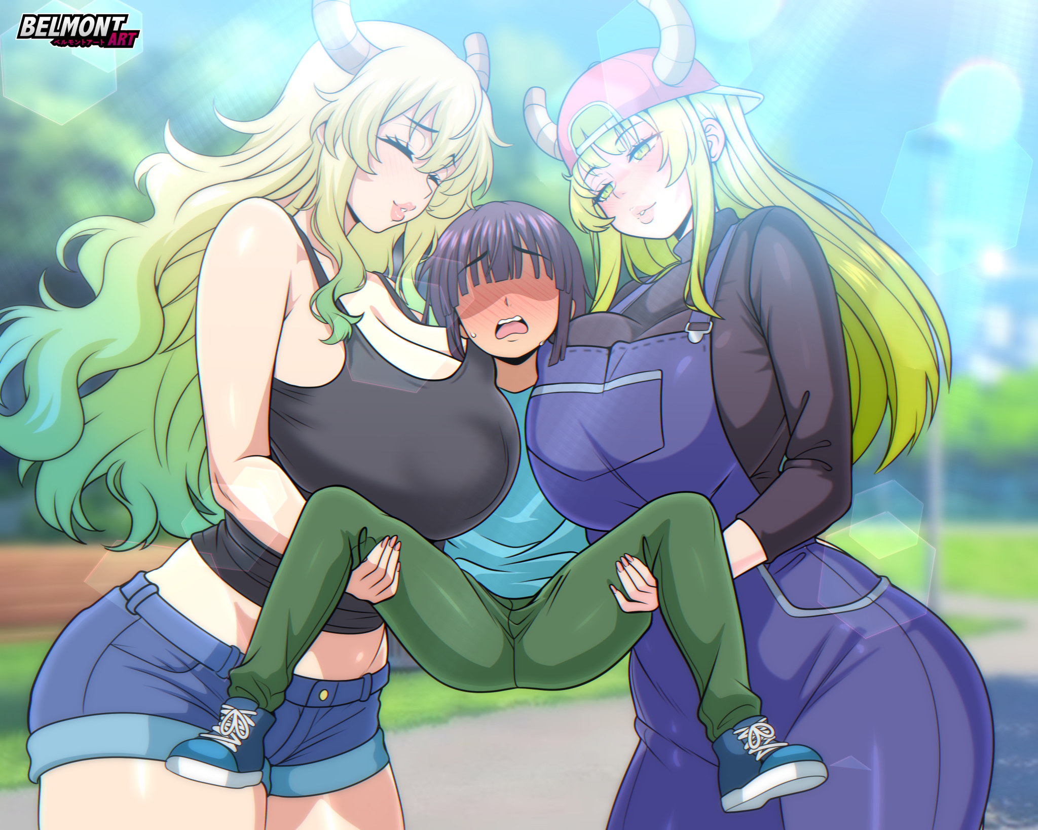 age difference, backwards baseball cap, baseball cap, being held, belmont, between breasts, big breasts, big lips, dragon horns, dragon human form, dragon humanoid, eyes closed, eyes hidden, femdom, gigantic breasts, green eyes, green hair, huge boobs, huge breasts, large breasts, long hair, lucky bastard, lucoa, luscious lips, magatsuchi shouta, marshmallow hell, massive breasts, miss kobayashi's dragon maid, multiple girls, older female, older female and younger male, overalls, petla, purple hair, quetzalcoatl (dragon maid), quetzalpetlatl (dragon maid), short hair, shouta magatsuchi, sisters, smaller male, voluptuous female, younger male