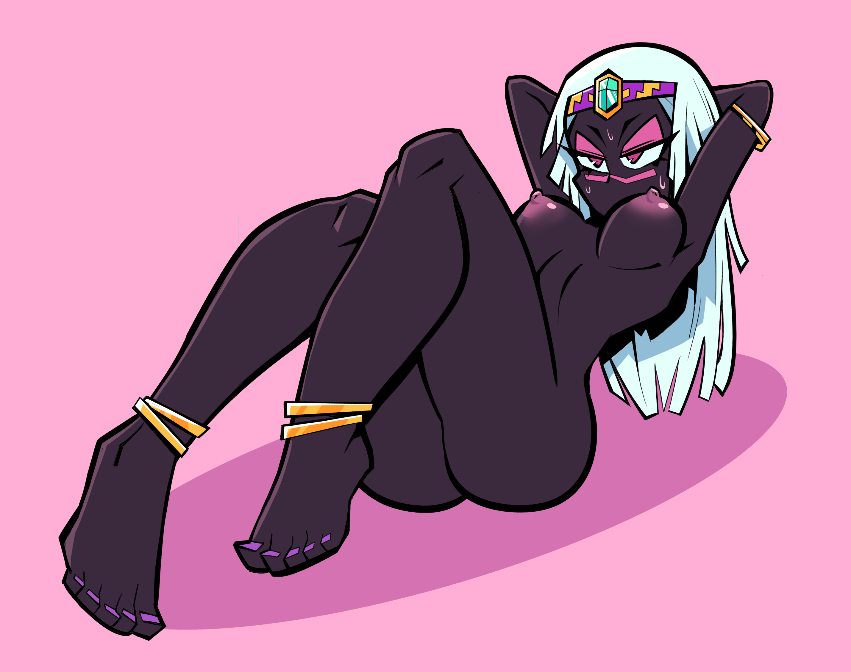 alien, anklet, anklewear, ass, barefoot, black skin, breasts, casual, dark skin, duck dodgers, feet, female, foot fetish, half-closed eyes, headdress, herny, lying, mouthless, naked, nipples, no mouth, pink background, queen tyr'ahnee, simple background, solo, sweat, toe ring, toenail polish, toes, warner brothers, white hair