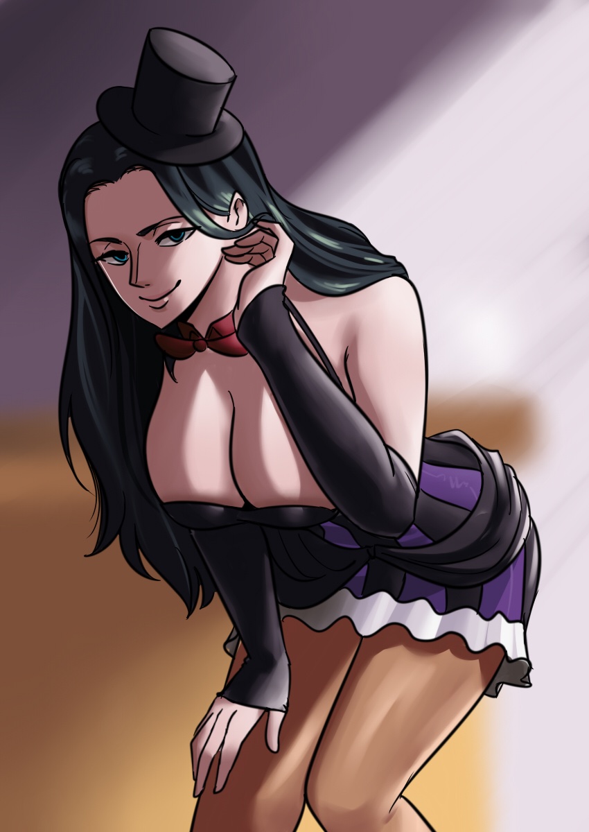 1girls, adjusting hair, big breasts, black hair, black-haired female, blue eyes, breasts, cleavage, female, female only, hat, large breasts, long hair, looking at viewer, nico robin, one piece, post-timeskip, shounen jump, skirt, smile, smiling at viewer, solo female, tagme, tinafate1
