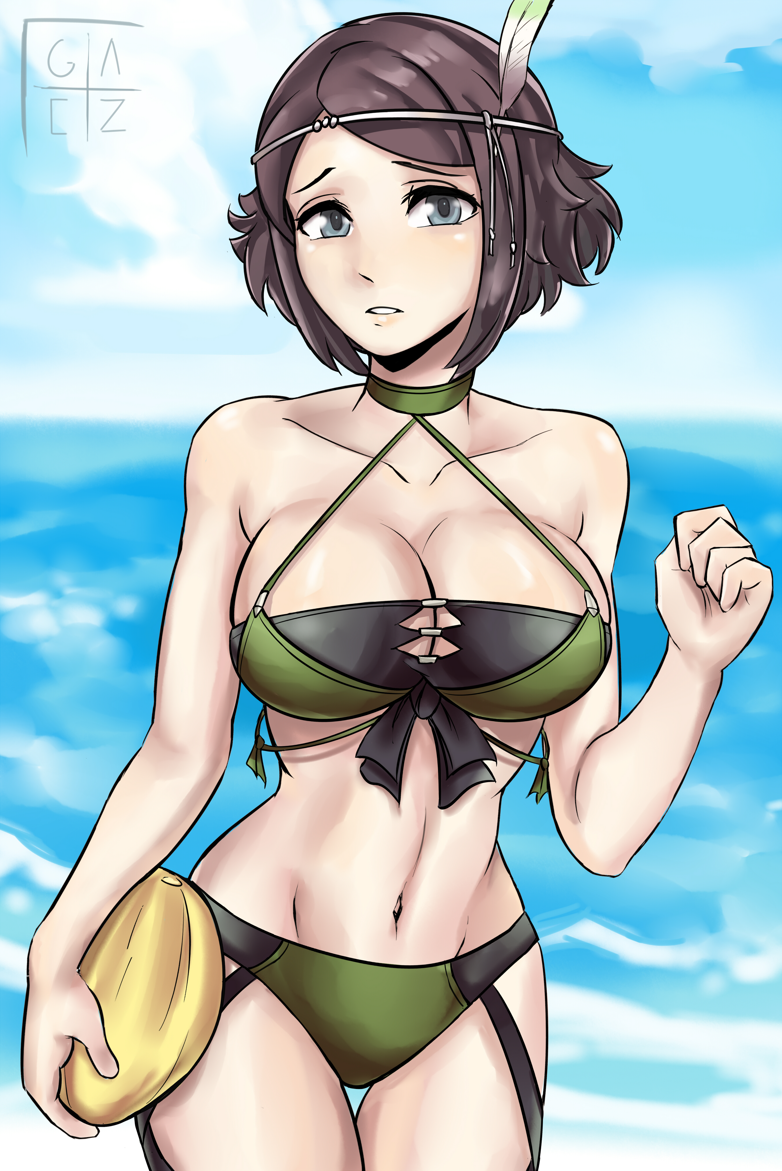 1girls, bare arms, bare shoulders, beach, belly, big breasts, bikini, breasts, cleavage, female, female only, fire emblem, fire emblem awakening, fire emblem heroes, geazs, green bikini, grey eyes, holding, holding object, hourglass figure, large breasts, midriff, noire (fire emblem), sea, seaside, short black hair, short hair, solo, solo female, stomach, swimsuit, thighs, water