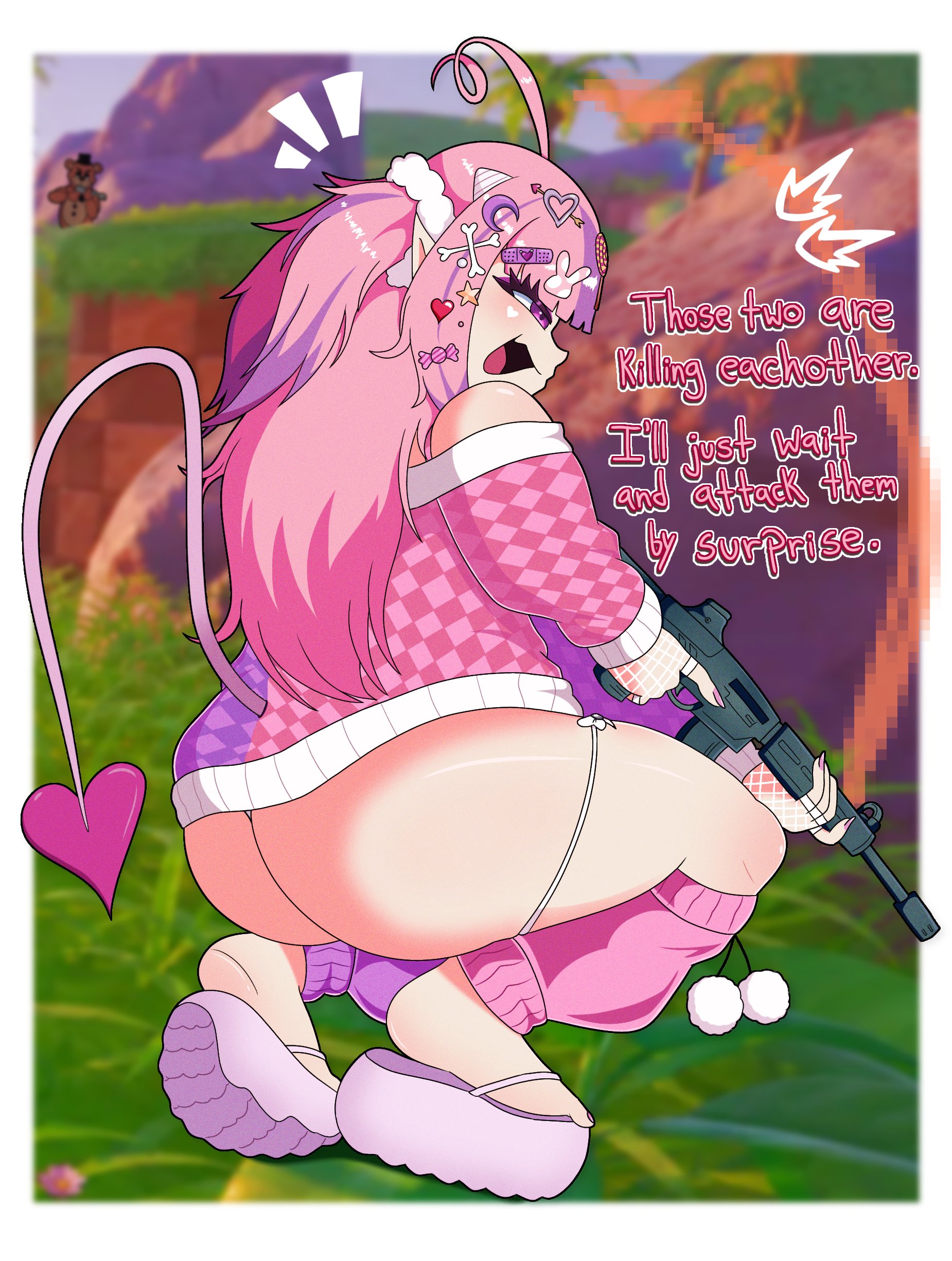 1girl, ass, big ass, big butt, crouching, demon girl, fortnite, fortnite: battle royale, from behind, gun, hair ornament, heart tail, holding gun, indie virtual youtuber, ironmouse, ironmouse (decora outfit), jemuosg, large ass, long hair, looking back, open mouth, outdoor, pink hair, solo, sweater, thick ass, virtual youtuber, vtuber