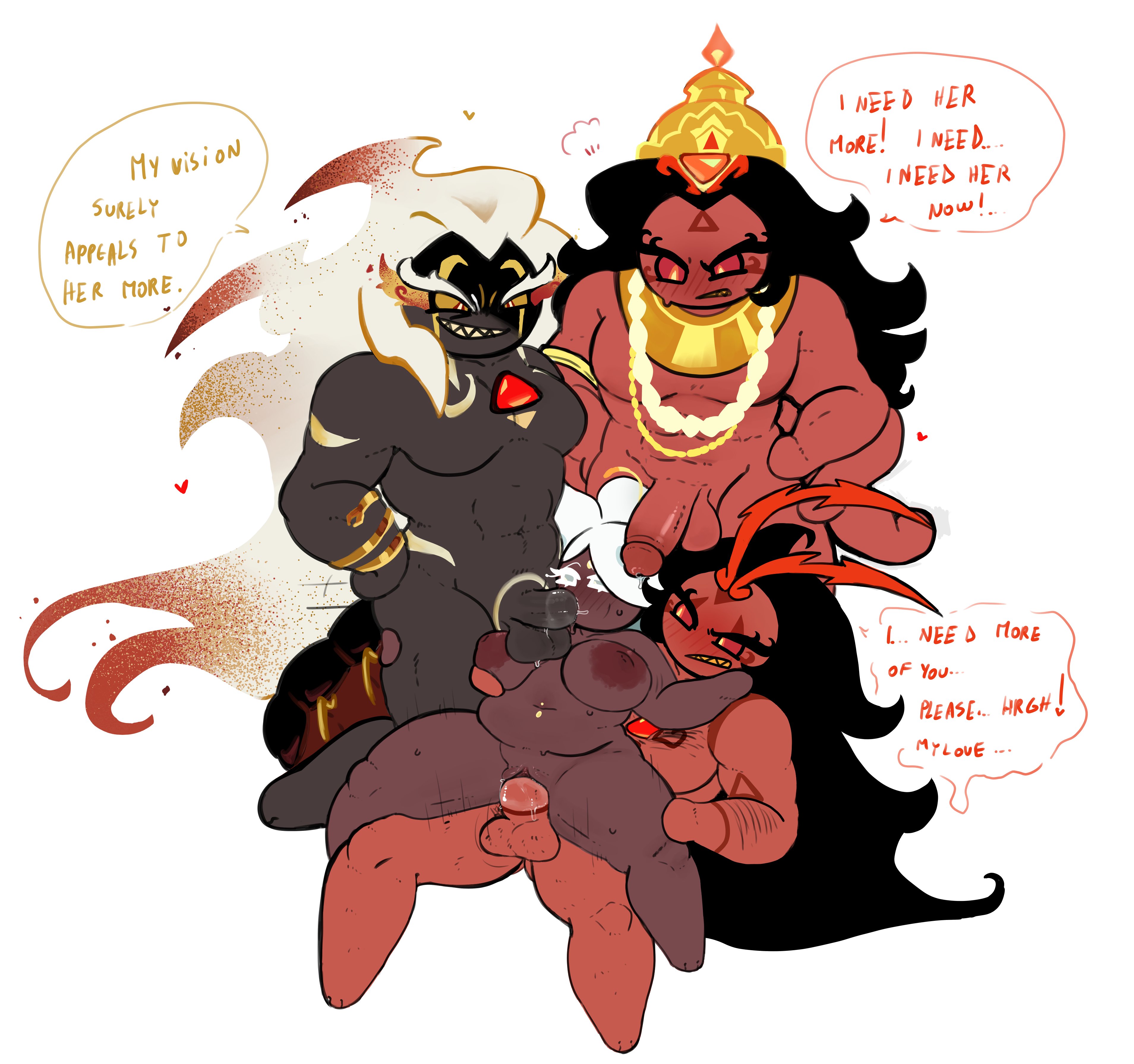 1girls, 3boys, blush, bracelet, breasts, burning spice cookie, completely nude female, completely nude male, cookie run, cookie run kingdom, dark-skinned female, dark-skinned male, dialogue, fellatio, foursome, gangbang, gem on chest, hair ornament, herald of change, magpiered, magpieredd, mmmf foursome, mogra cookie, muscular male, necklace, precorruption burning spice cookie, rajapendra cookie, red body, sex, six arms, straight, sweatdrop, talking to another, vaginal penetration