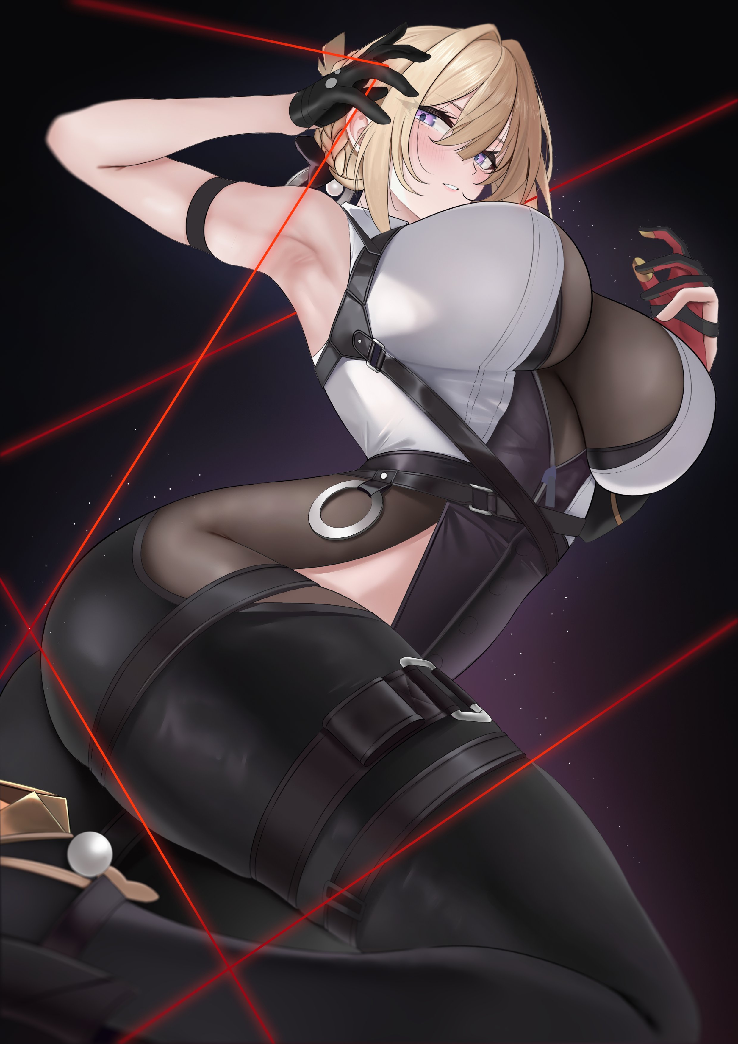 1girl, absurdres, arm strap, armpits, arms up, bare shoulders, black gloves, black pants, blonde hair, breasts, changgong8745, chest harness, commentary, earrings, elbow gloves, evelyn chevalier, from below, gloves, hair between eyes, half gloves, harness, high-waist pants, highres, jewelry, large breasts, looking to the side, necktie, pants, parted lips, purple eyes, ring hair ornament, shirt, single elbow glove, single half glove, solo, white shirt, yellow necktie, zenless zone zero