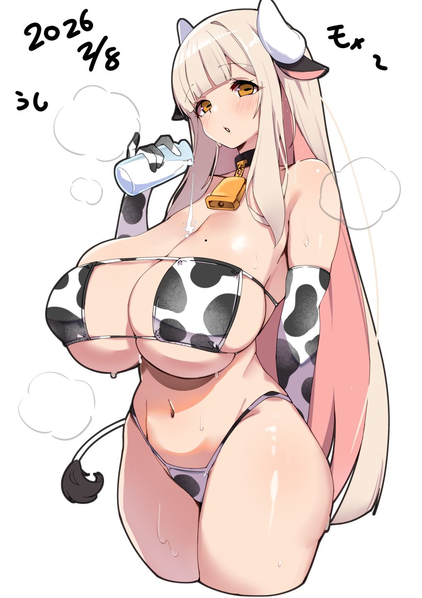 animal ears, animal print, bikini, black choker, blonde hair, blunt bangs, blush, bottle, breasts, brown eyes, choker, cleavage, cow ears, cow horns, cow print, cow print bikini, cow print gloves, cow tail, cowbell, dated, elbow gloves, eyepatch bikini, female, gloves, holding, holding bottle, horns, huge breasts, long hair, milk, milk bottle, mole, mole on breast, nana (mogs1225), navel, neck bell, open mouth, original, pouring, pouring onto self, print bikini, print gloves, rectangular pupils, skindentation, solo, standing, straight hair, sweat, swimsuit, tail, white background