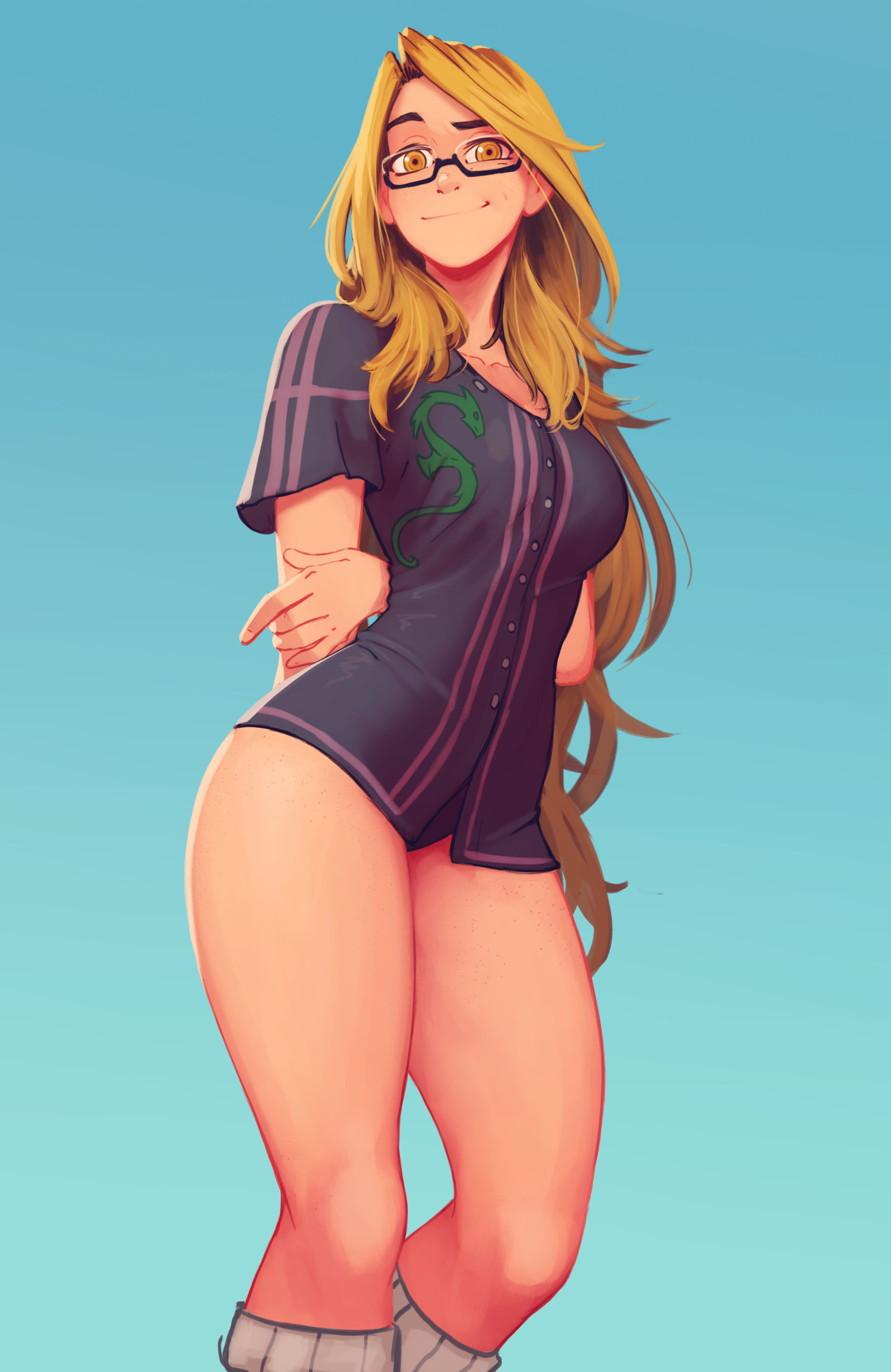 absurdres, baseball jersey, black panties, blonde hair, breasts, dragon, female, glasses, highres, jersey, large breasts, long hair, looking at viewer, no pants, original, panties, raichiyo33, simple background, smile, solo, thick eyebrows, thick thighs, thighs, underwear, very long hair, yellow eyes