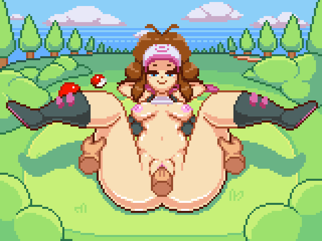 animated, ass, big ass, big breasts, blue eyes, boots, breasts, brown hair, countmoxi, female, gif, hilda (pokemon), human, laced boots, looking at viewer, looking pleasured, lying on back, nintendo, no bra, no panties, outdoors, pink nipples, pixel art, pokemon, pokemon bw, pussy, smiling, spread legs, vaginal sex