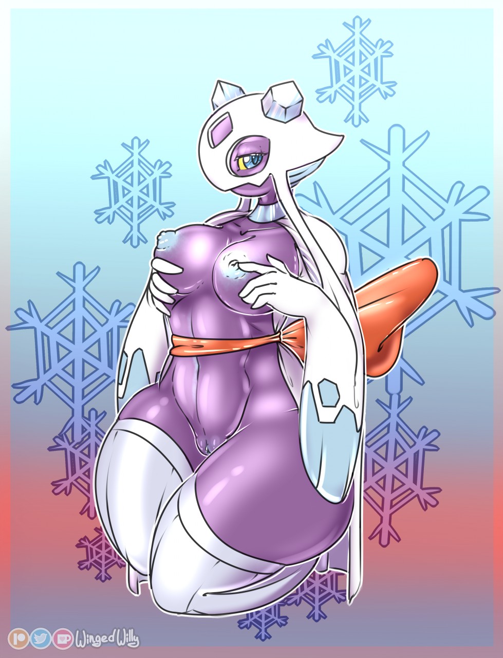 anthro areola ass big_breasts big_butt blue_eyes bow breasts clothing curvy_figure digital_media_(artwork) female froslass genitals ghost hand_on_breast hi_res horn huge_butt ice jewelry kneeling legwear looking_at_viewer mammal muscular muscular_female necklace nintendo nipples nude pokémon_(species) pokemon pokemon_(species) presenting presenting_breasts purple_body pussy robe smile snowflake solo spirit stockings thick_thighs video_games wide_hips wingedwilly