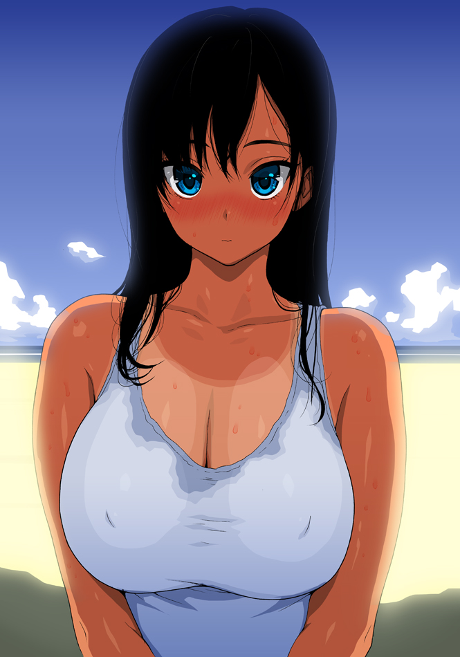 1girls big_breasts blue_eyes blush breasts busty cleavage erect_nipples female female_only looking_at_viewer original solo tan tan_skin tank_top tanline youshu_ohepe