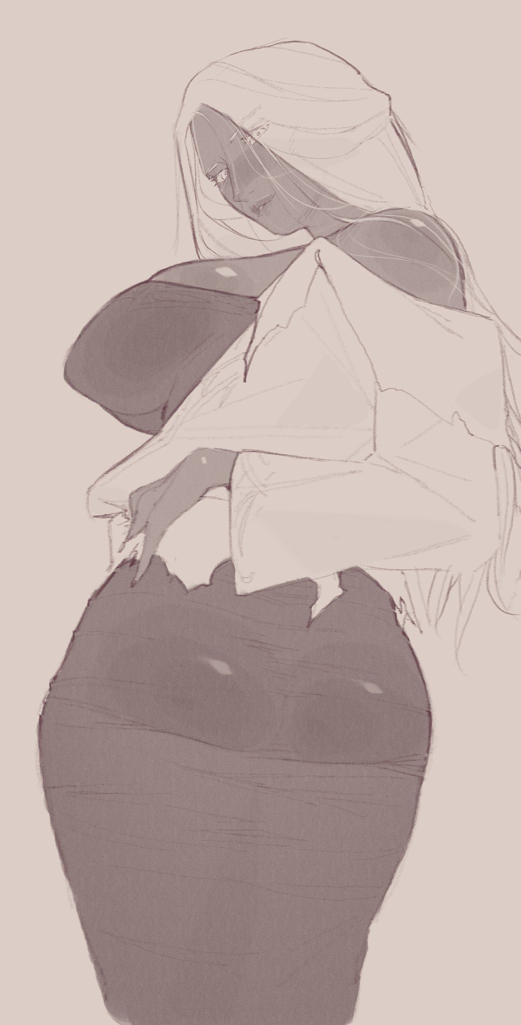 ass, ass focus, breasts, dark skin, elden ring, elden ring nightreign, fromsoftware, harsh-mallowz, large ass, large breasts, looking at viewer, looking back, monochrome, pov, recluse (elden ring), recluse (nightreign), smile