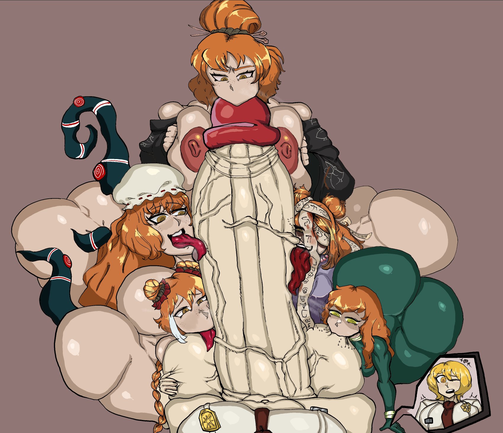1futa, 3girls, balls sucking, breedable hips, cock worship, collaborative fellatio, don quixote (limbus company), double balls sucking, futa on female, futanari, hyper balls, hyper penis, ishmael (limbus company), licking balls, limbus company, long tongue, project moon, sassy dolly, sucking balls