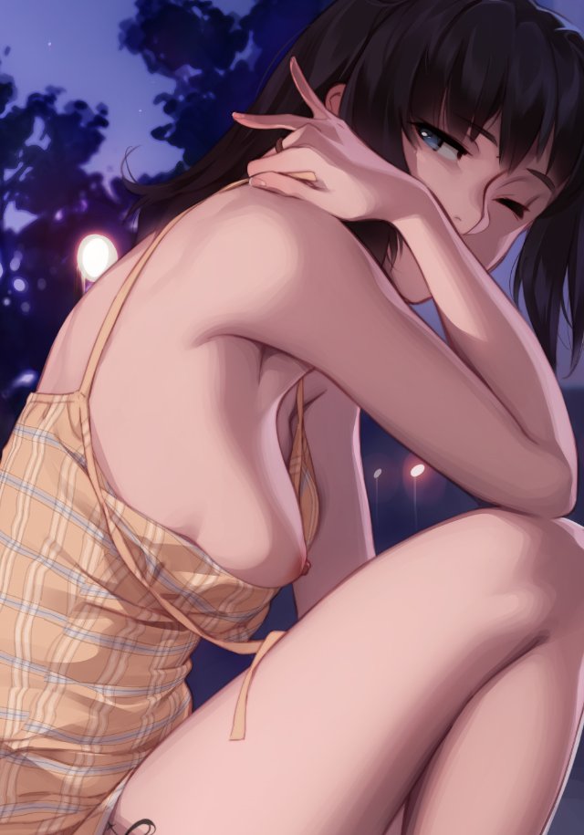 accidental exposure, blue eyes, breasts, breasts out, brown hair, feguimel, female, looking at viewer, miranda (feguimel), night, nipple slip, outside, short hair, sideboob, sundress