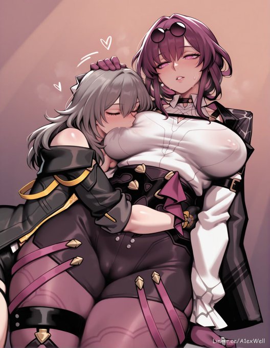 2girls, a1exwell, ai generated, cameltoe, clothed, covered nipples, honkai (series), honkai: star rail, hoyoverse, kafka (honkai: star rail), puffy nipples, size difference, stelle (honkai: star rail), sucking breasts, through clothes, yuri