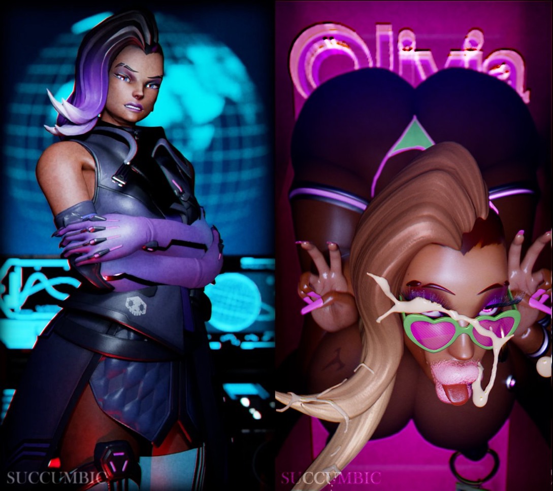 1girls, ass, before and after, bending down, bimbo, bimbo lips, bimbofication, bleached blonde hair, cum, cum on face, fat ass, female, female only, olivia colomar, overwatch, solo, sombra, succumbic, tongue out
