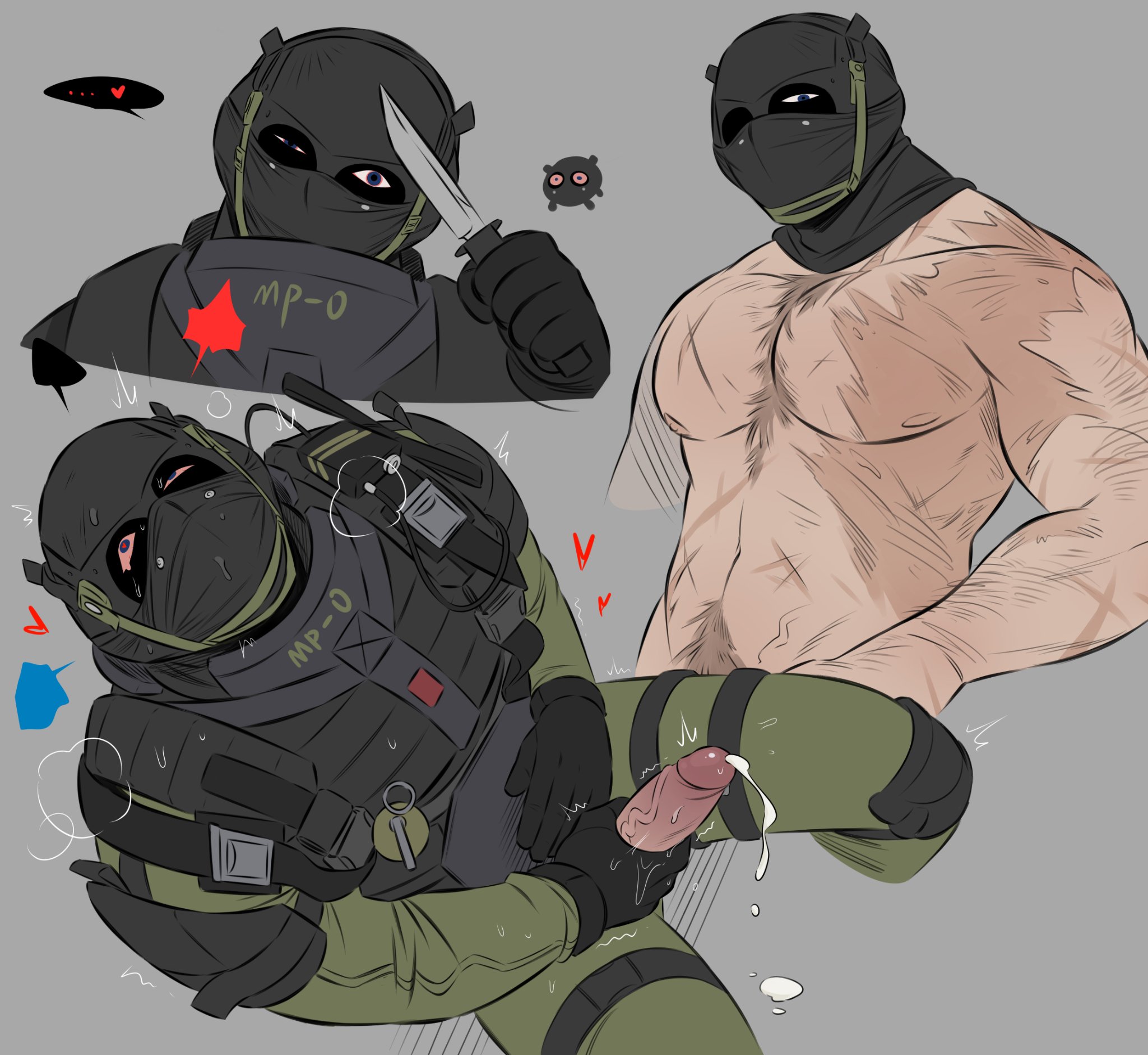 ..., 1boy, absurd res, action lines, armor, army, army uniform, bloodshot eyes, body hair, burn scar, call of duty, chest tuft, chibi, circumcised, crazy eyes, cum, cum drip, cum dripping, cum dripping from penis, cum puddle, cumming, digital drawing (artwork), digital media (artwork), gay, gay male, grenade, heart, hi res, knife, large penis, looking at viewer, looking up, male, male only, masked, masked male, masturbating, masturbation, muscular male, nikto, orgasm, pecs, penis, penis through fly, pubes, pubic hair, scars, scars all over, simple background, simple shading, solo, speech bubble, sweat, sweatdrop, text, text bubble, veins, veiny penis, wdp66281167, yaoi