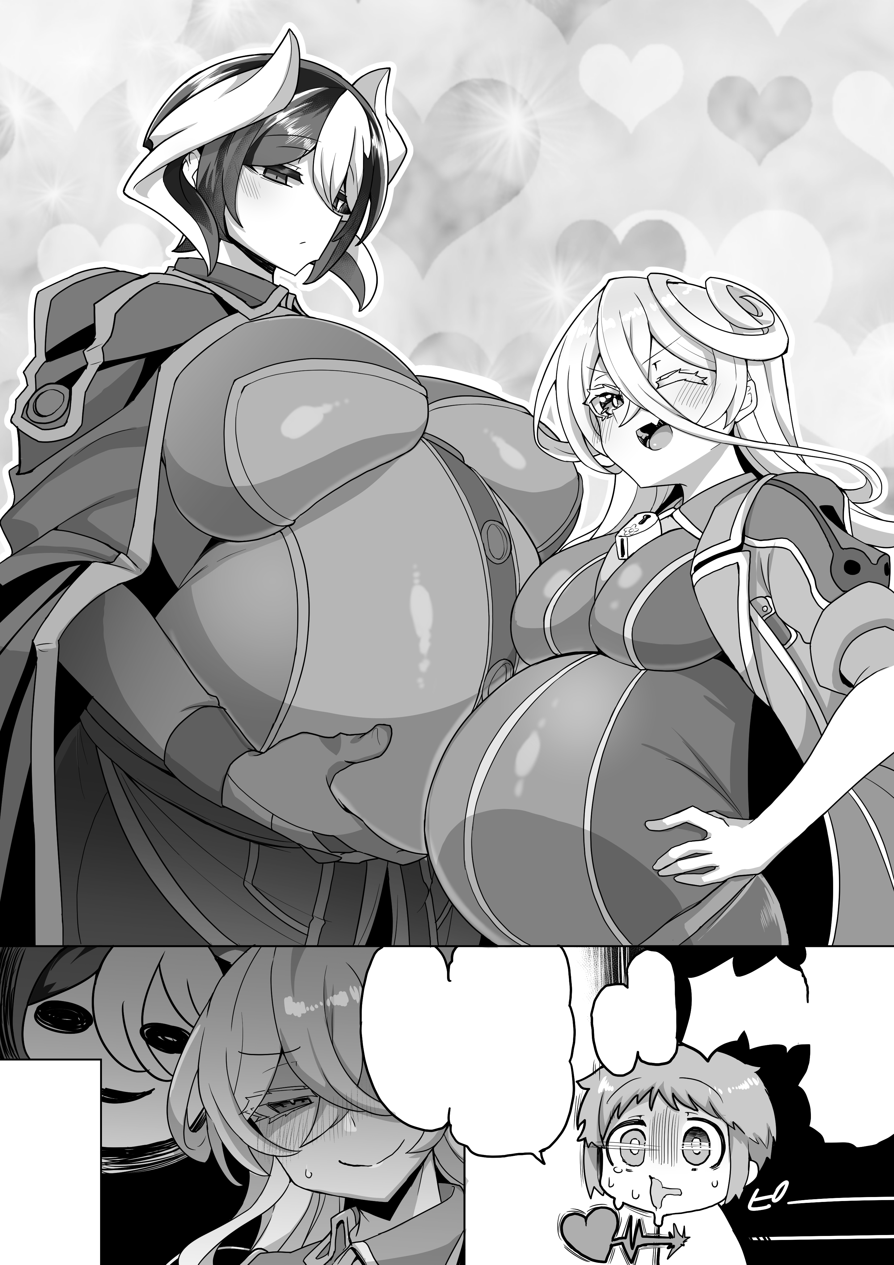 1boy, 2girls, big breasts, blush, breast size difference, canon pregnancy, comic, expressionless, female, female focus, fully clothed, hair between eyes, height difference, huge breasts, husband and wife, long hair, looking at viewer, lyza (made in abyss), made in abyss, male, monochrome, multiple pregnancies, oerba yun fang, ozen, pregnant, short hair, smile, torka, two-tone hair, wink, yaguchiyuki