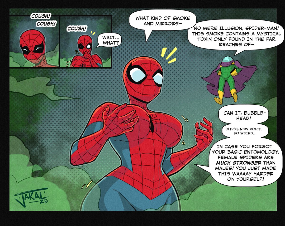 1boy, 1girls, 2d, 2d (artwork), 2d artwork, bodysuit, comic, comic panel, female, gender transformation, genderswap (mtf), jakal63, jakalovid, large breasts, male, marvel, marvel comics, mysterio, peter parker, petra parker, rule 63, sexy body, spider-man, spider-man (series), spider-woman, transformation, wide hips, wide thighs