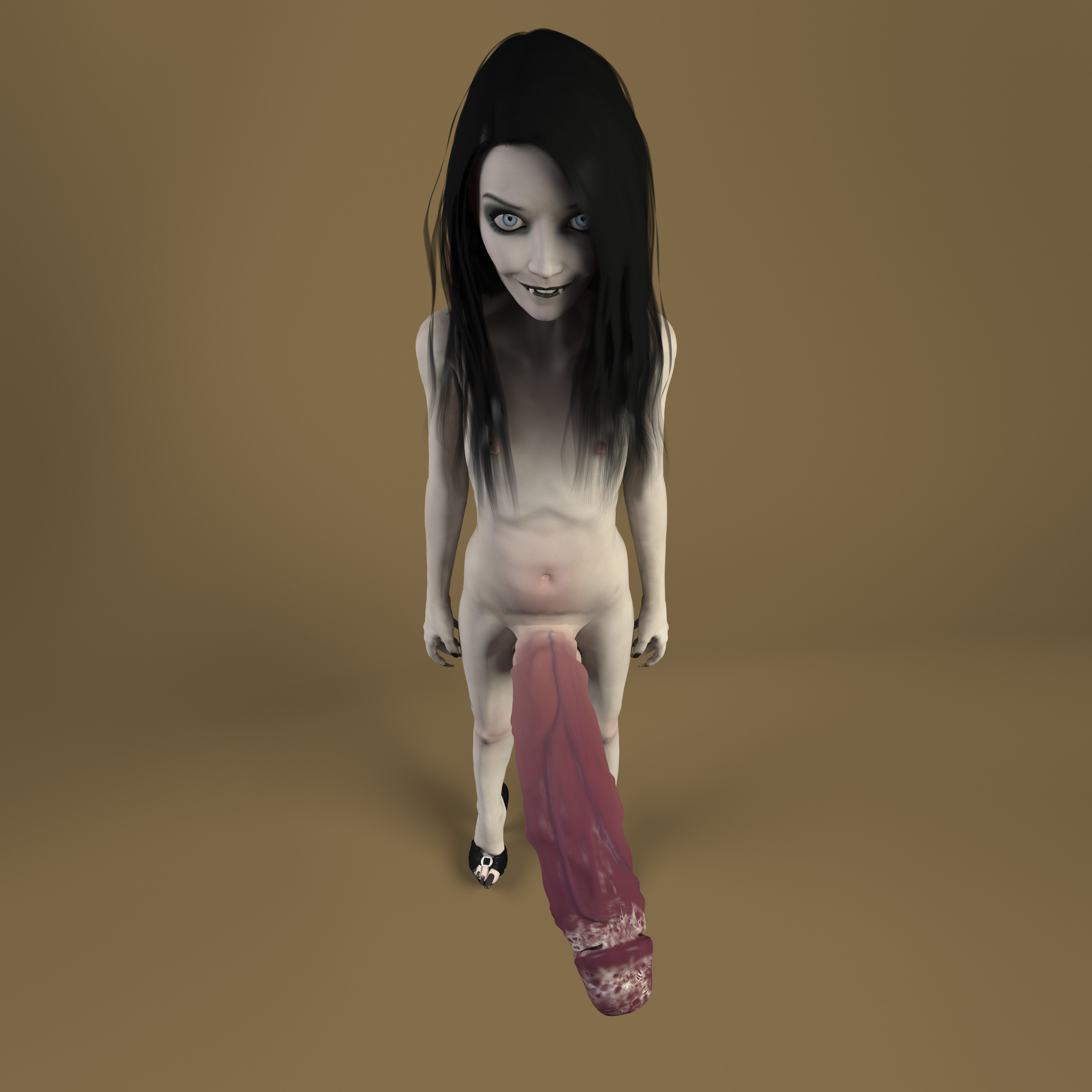 balls, beige background, big lips, black hair, character request, claws, copyright request, erection, fangs, futa vampire, futanari, gif author, gothic, hag, horror, huge balls, huge cock, intersex, long hair, long penis, messy hair, nightmare fuel, open toe shoes, pale skin, penis, rape face, scary, sharp teeth, skinny, slim, small but hung, smegma, teeth, vampire, veins, veiny, veiny penis, yellow background