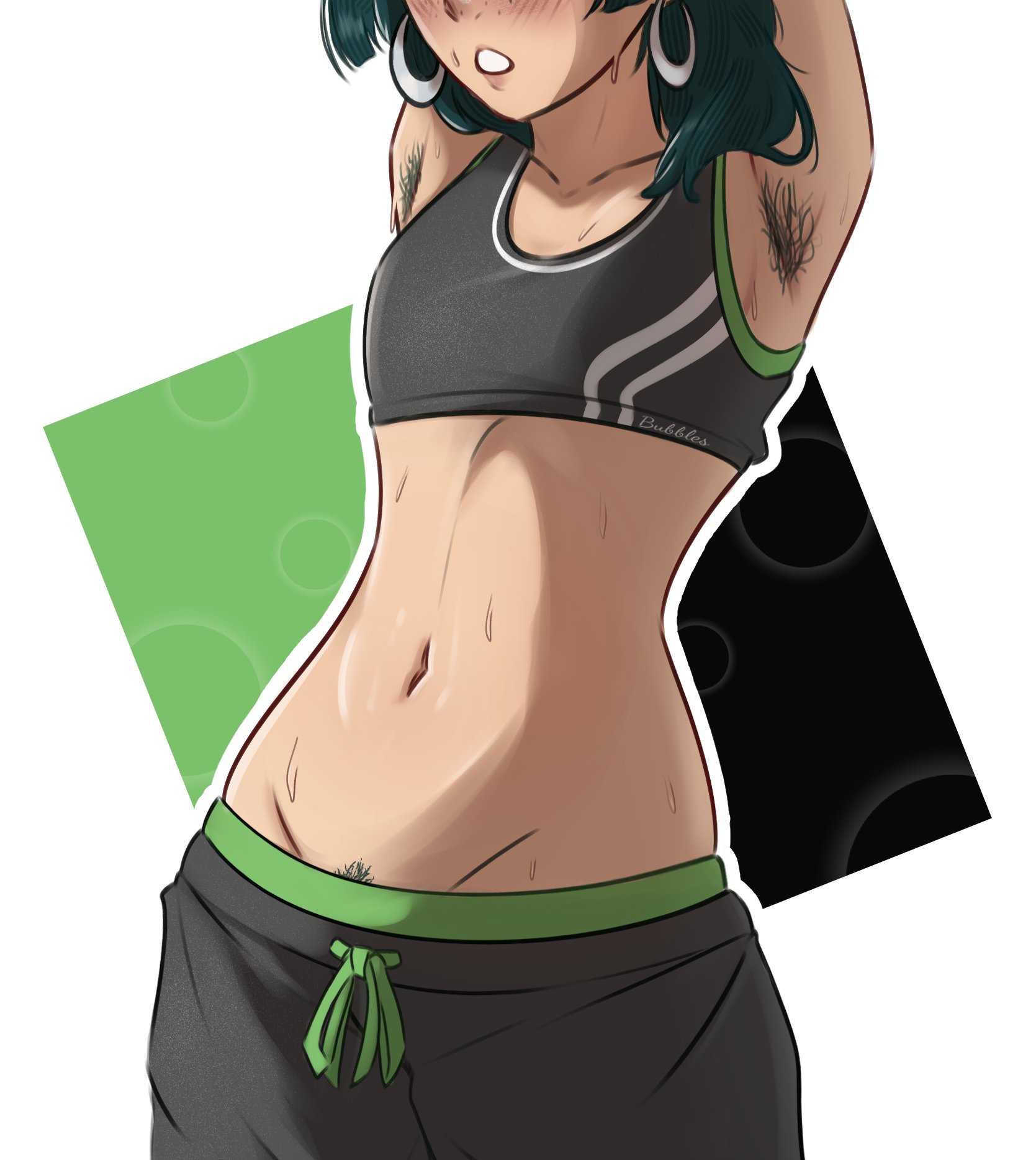 1girls, absurdres, alternate costume, armpit, armpit hair, armpits, artist request, bare arms, black pants, black sports bra, blush, breasts, commentary, female, female armpit hair, female only, female pubic hair, freckles, green hair, hairy armpits, highres, jewelry, kusuriya no hitorigoto, maomao (kusuriya no hitorigoto), midriff, navel, pants, pubic hair, pubic hair peek, simple background, small breasts, solo, sports bra, stomach, stretching, sweat, white background, workout clothes