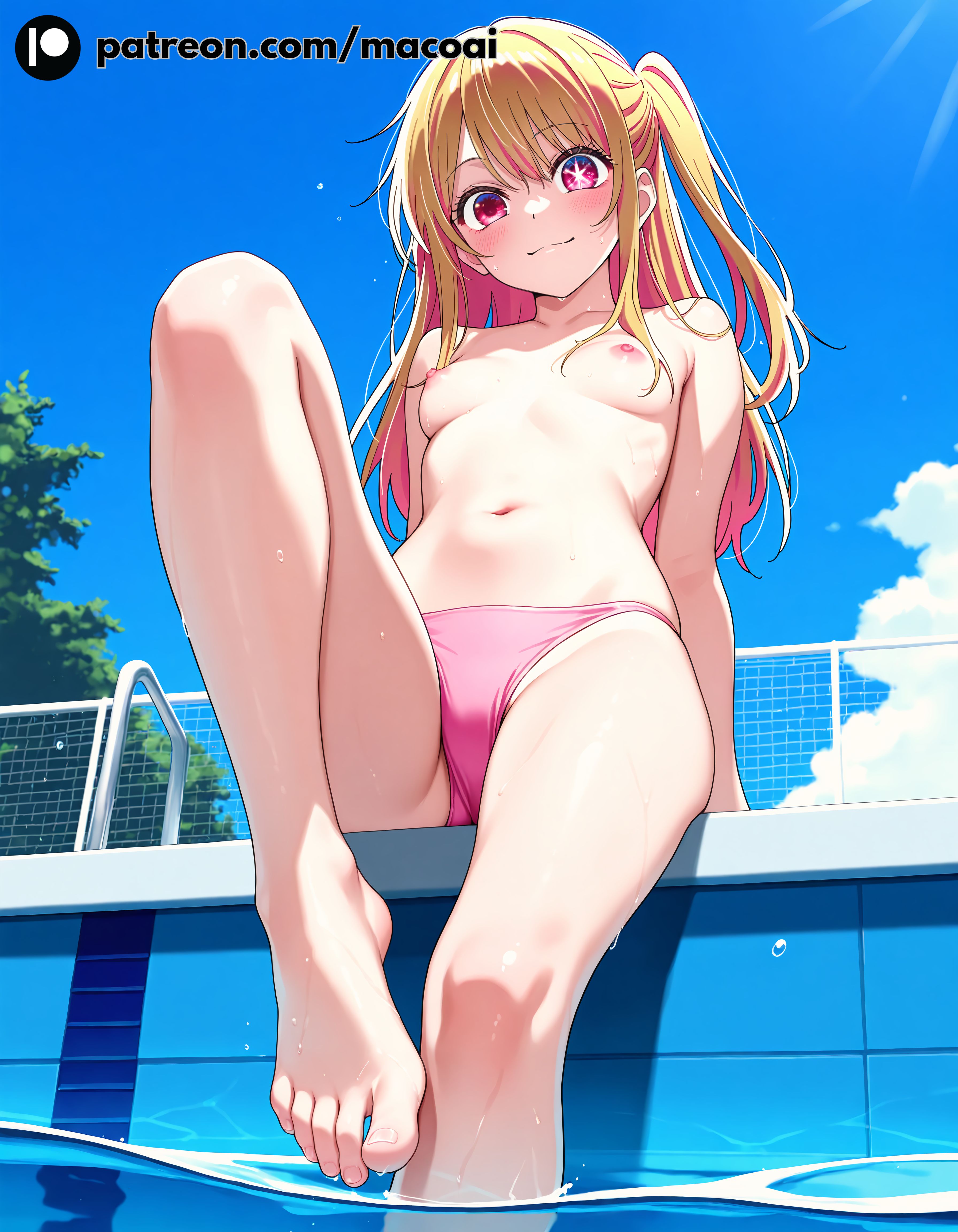 1girls, ai generated, bare arms, bare breasts, bare legs, bare shoulders, bare thighs, barefoot, belly, belly button, bikini, bikini bottom, blonde hair, blush, blushing at viewer, breasts, cute, feet, female, female only, foot fetish, hoshino ruby, looking at viewer, macoai, nipples, oshi no ko, outdoors, outside, pale skin, pale-skinned female, perfect body, petite, petite body, petite female, pink bikini, pink eyes, pool, posing, posing for the viewer, sexy, sexy pose, small breasts, smooth skin, solo, solo female, teasing, teasing viewer, thighs, toes, topless, water, wet, wet skin