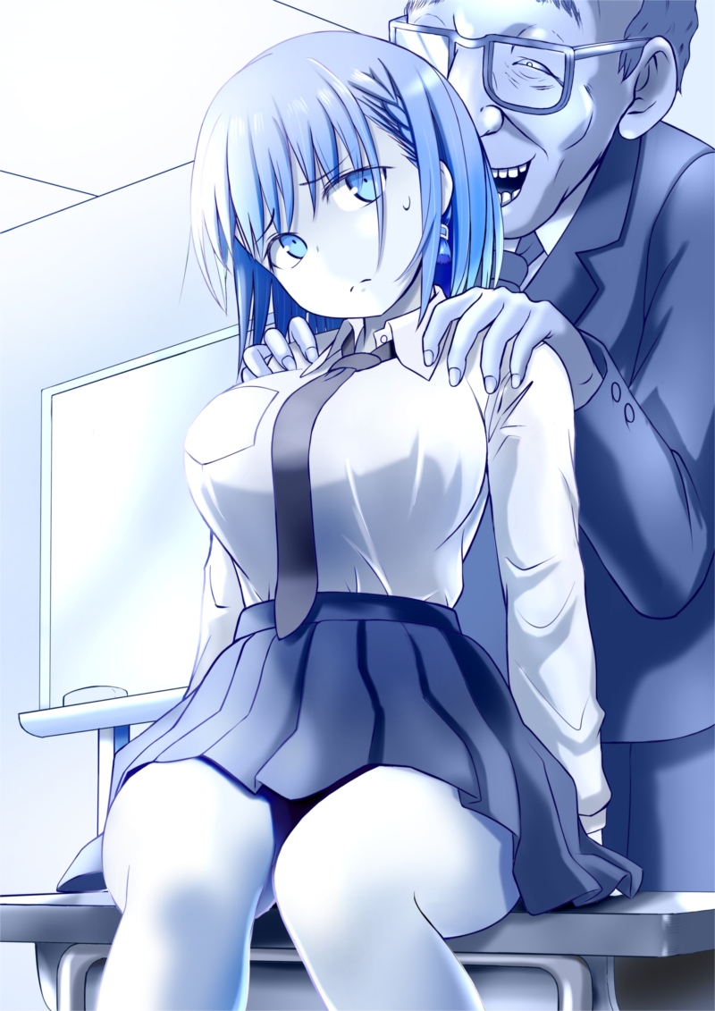 1boy, 1girls, age difference, ai-chan (tawawa), big breasts, breasts, busty, female, getsuyoubi no tawawa, hands on shoulders, imminent rape, male, massage, netorare, old male, older male, older male and younger female, rape face, school uniform, schoolgirl, sitting, skirt, smile, straight, teacher and student, teenage female, teenager, younger female