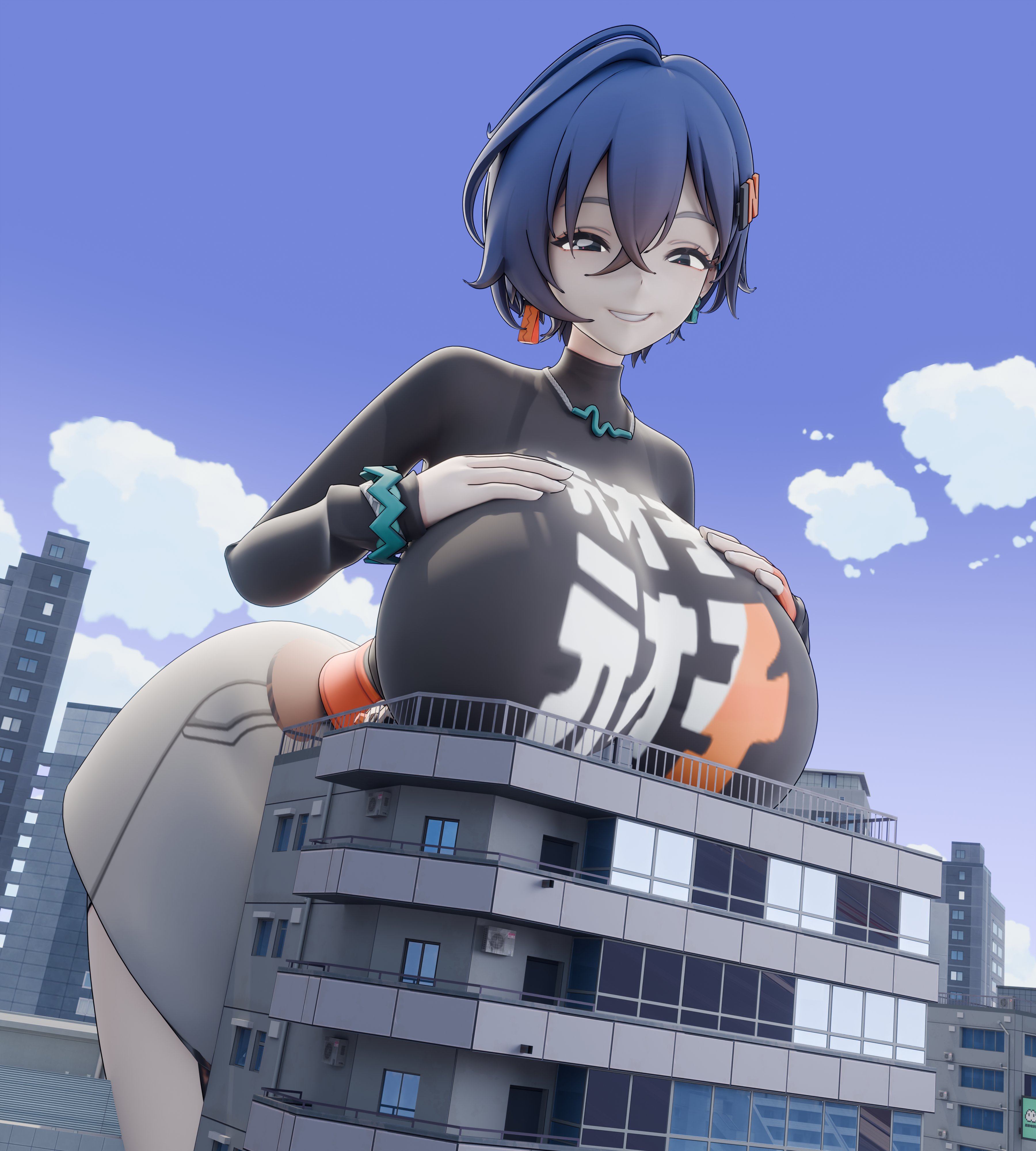 1girls, 3d, 3d (artwork), belle (zenless zone zero), big boobs, big breasts, blue hair, blue hair female, boobs, breasts, building, buildings, city, decodec, female, female focus, female only, giant female, giant woman, giantess, huge boobs, huge breasts, light skin, light-skinned female, short hair, short hair female, solo, solo female, solo focus, video game character, zenless zone zero