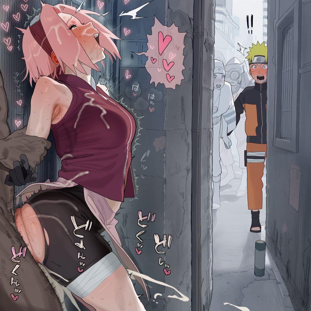 ai generated, alleyway, being watched, caught, caught in the act, dark-skinned male, female, interracial, light-skinned female, light-skinned male, male, male/female, muscular male, naruto, naruto (series), naruto shippuden, pink hair, raikage, sakura haruno, sex, standing sex, straight, taken from behind, thxxx59, uzumaki naruto, watching