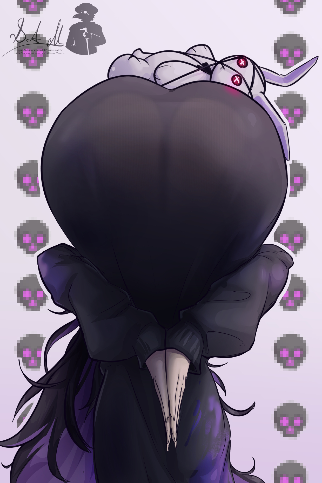 ass, ass focus, ass up, background, bending over, big ass, color, colored, doktor malefic, goddess of victory: nikke, label (nikke), long hair, meme, messy, messy hair, nikke, praise da booty (meme), purple hair, see-through, see-through clothing, tight clothing