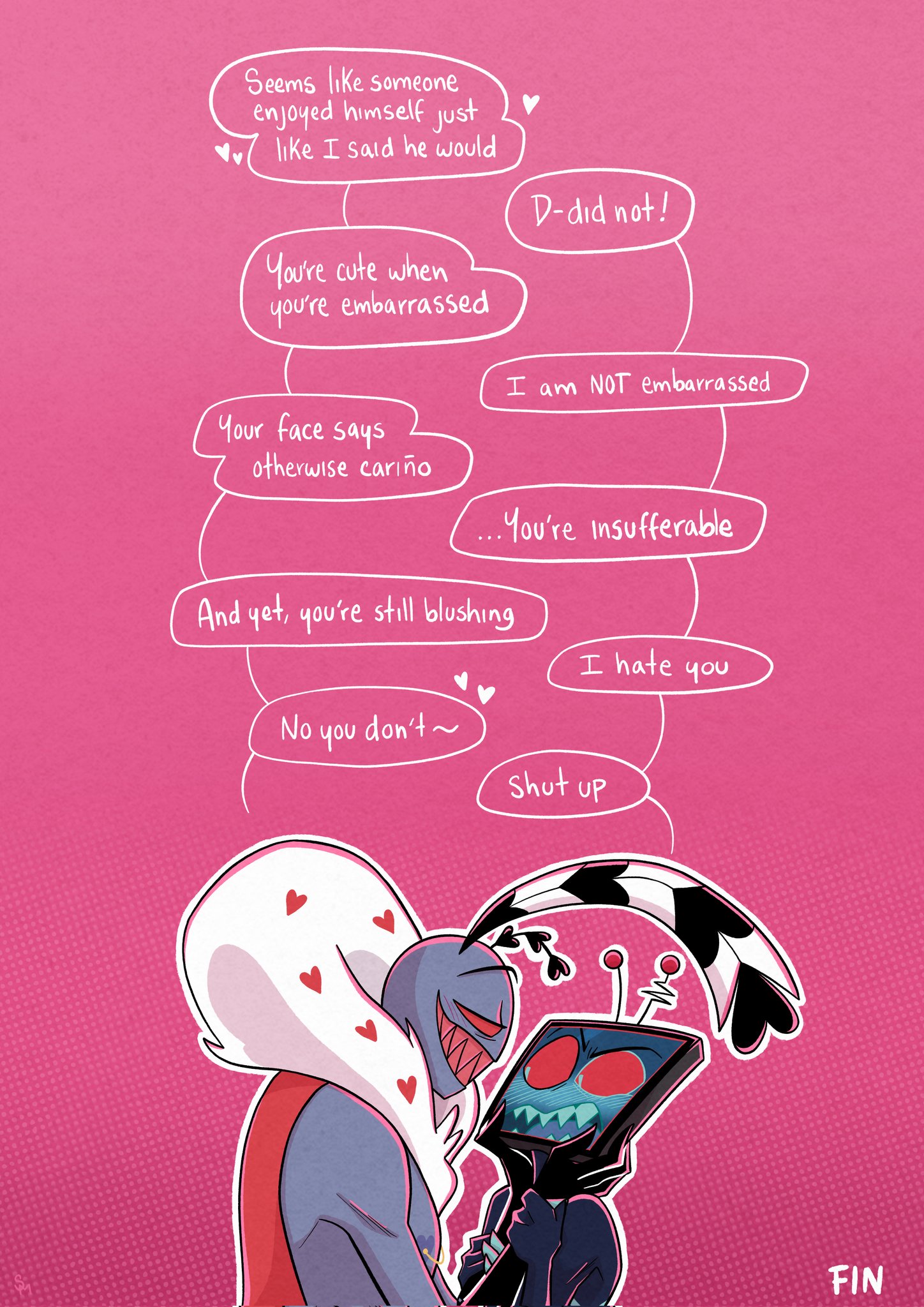 2boys, after sex, antennae (anatomy), blush, comic, comic page, cute, dialogue, english, english text, gay, hazbin hotel, hellaverse, nude, nude male, schaychaym, tv head, valentino (hazbin hotel), vox (hazbin hotel), wholesome, yaoi