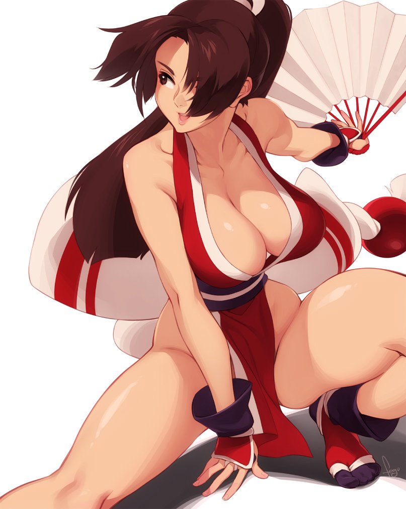 breasts brown_eyes brown_hair fan fatal_fury feguimel hips king_of_fighters looking_away mai_shiranui ponytail posing red_clothes red_clothing thighs white_clothes white_clothing