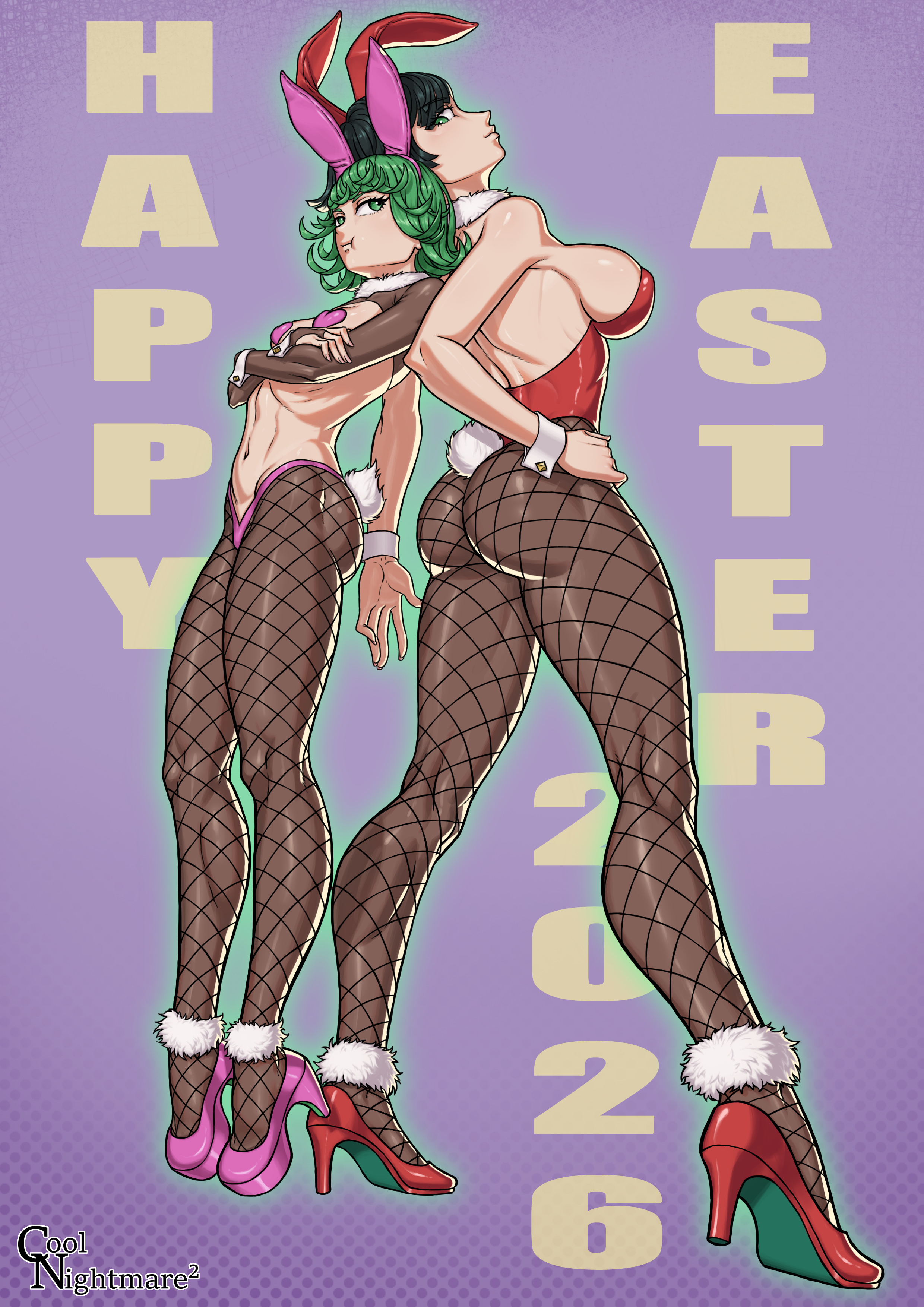 2girls, alternate version available, big breasts, bunny ears, bunny girl, bunny tail, bunnysuit, coolnightmare2, easter, female, female only, fishnet stockings, fishnets, fubuki (one-punch man), green eyes, green hair, high heels, light-skinned female, one punch man, one-punch man, reverse bunnysuit, size difference, small breasts, tagme, tatsumaki