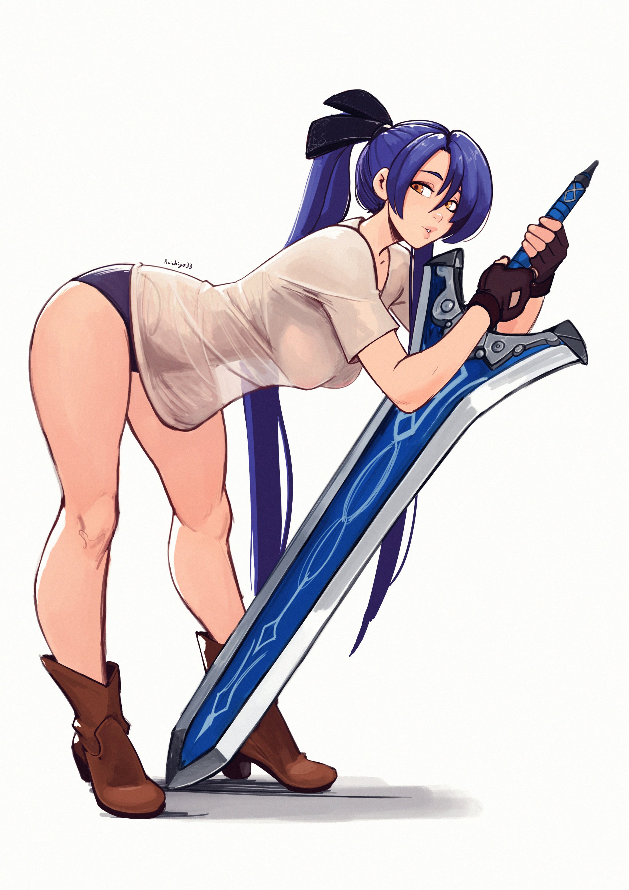 absurdres, artist name, boots, breasts, brown gloves, clothing cutout, commentary, double-parted bangs, eiyuu densetsu, female, fingerless gloves, full body, glove cutout, gloves, hair between eyes, high heel boots, high heels, highres, holding, holding sword, holding weapon, huge weapon, large breasts, laura s. arseid, leaning forward, long hair, looking at viewer, planted, planted sword, planted weapon, raichiyo33, see-through clothes, see-through shirt, sen no kiseki, sen no kiseki (series), sen no kiseki iii, shirt, shorts, simple background, solo, sword, untranslatable commentary, very long hair, weapon, white background, yellow eyes