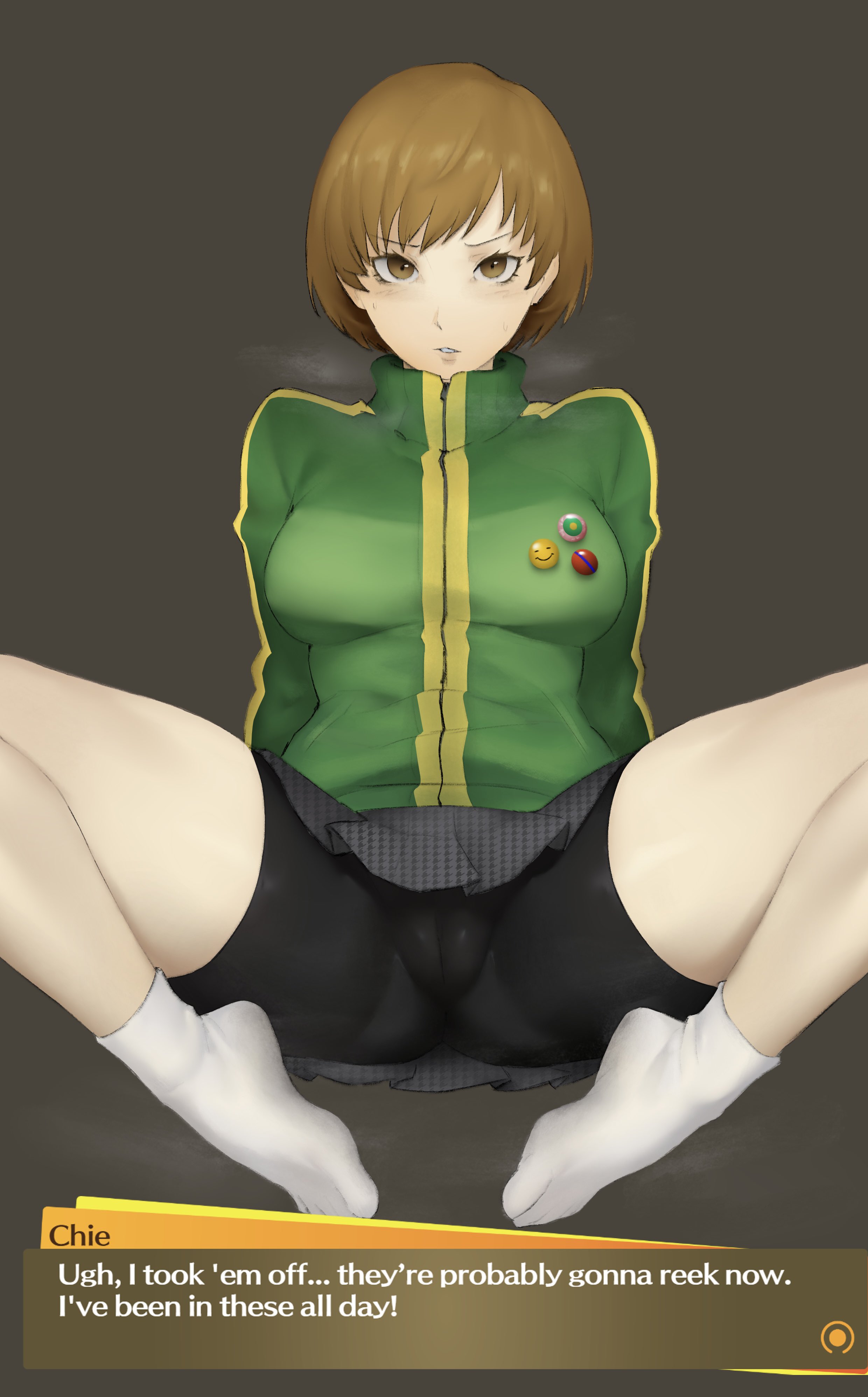 1girls, ass, ass focus, atlus, back, back view, big ass, bike shorts, black shorts, black skirt, bottom heavy, bottomwear, breasts, brown hair, bubble ass, bubble butt, clothing, fat ass, female, female only, gluteal fold, huge ass, jacket, large ass, looking at viewer, looking back, massive ass, meruzis, pantylines, persona, persona 4, pleated skirt, pussy, satonaka chie, short hair, shorts, skirt, skirt up, solo, solo female, spats, tagme, thick ass, thick thighs, thighs, thunder thighs, topwear, wide hips