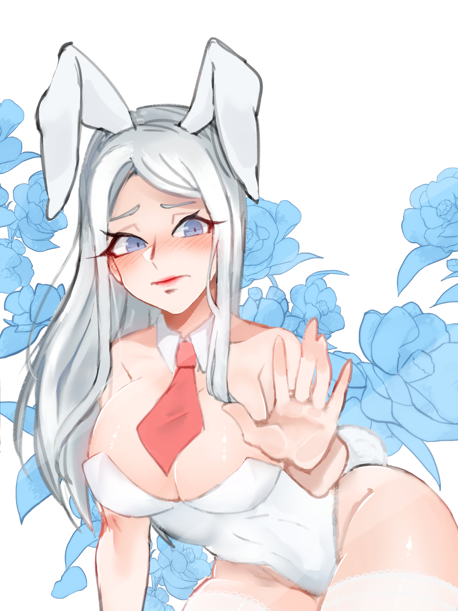 artist request, ashe (league of legends), ass, big ass, big breasts, big butt, blue eyes, blue flower, blush, bodysuit, breasts, bunny ears, bunny girl, bunny tail, bunnysuit, female, league of legends, red lips, red lipstick, red tie, riot games, shiny skin, socks, thighhighs, tie, white fur, white hair, white skin, white suit