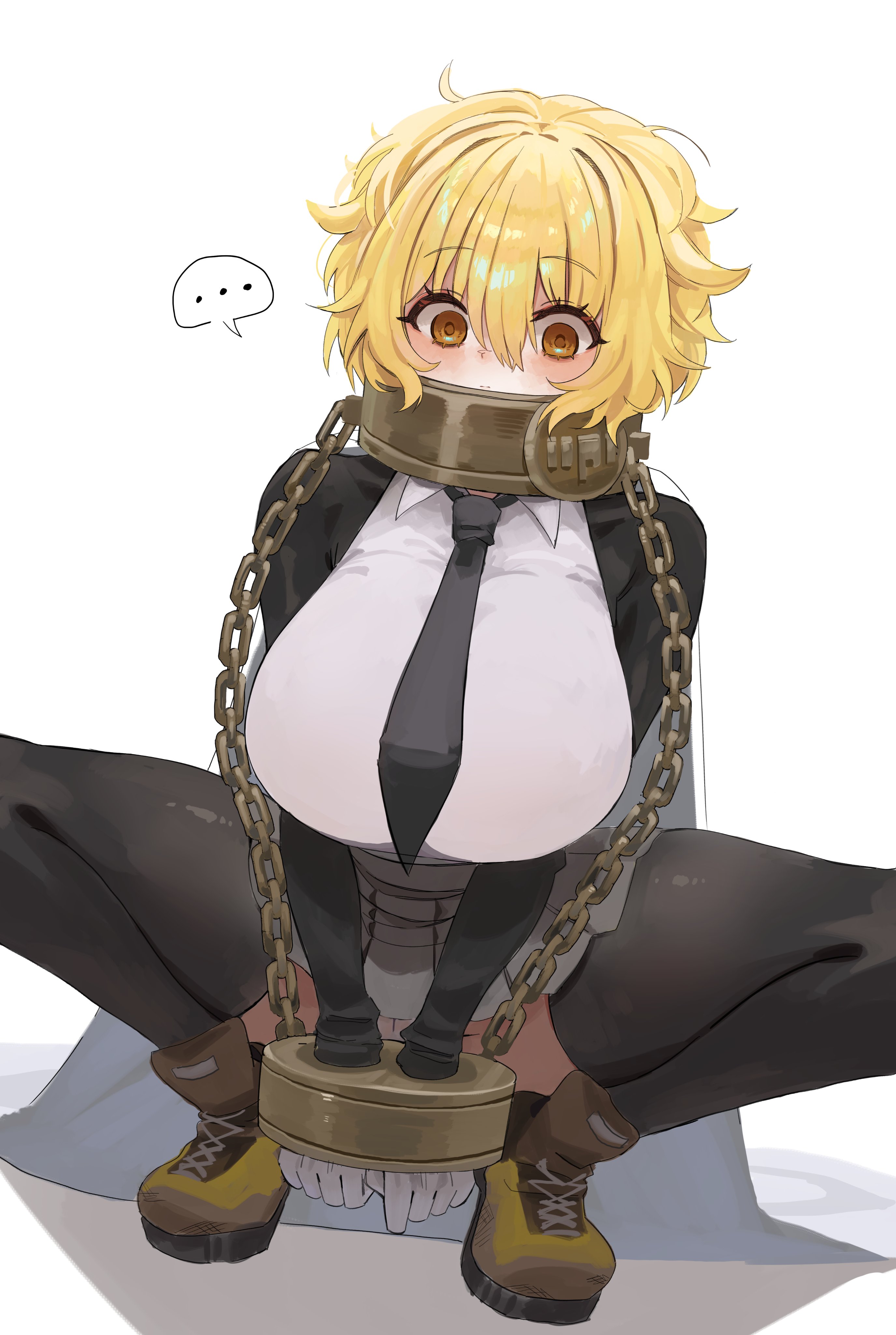 1girls, black thighhighs, blonde hair, boots, breasts, chains, collar, cuffs, cuffs-to-collar, don quixote (limbus company), empty eyes, female, grey skirt, huge breasts, index (identity) (project moon), index don quixote, limbus company, messy hair, myago, pleated skirt, project moon, saeda8e, short hair, simple background, skirt, solo, squatting, thighhighs, underwear, white background, yellow boots, yellow eyes