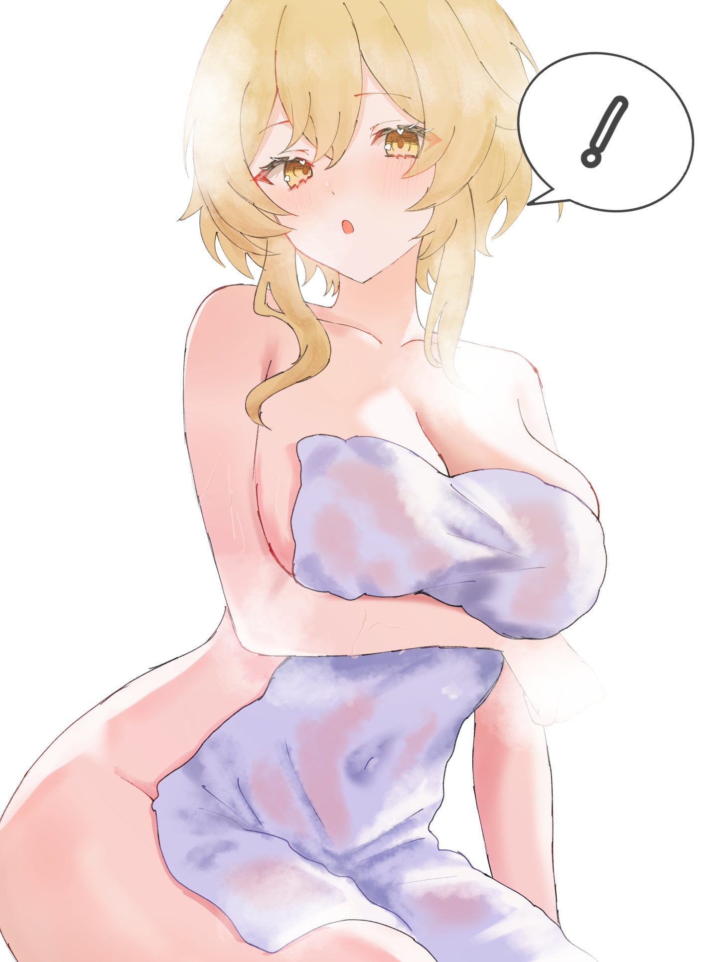 !, blonde hair, breasts, cleavage, collarbone, commentary request, covered navel, covering privates, female, genshin impact, highres, large breasts, looking at viewer, lumine (genshin impact), nude cover, oisimatya, open mouth, short hair, sidelocks, simple background, sitting, solo, spoken exclamation mark, towel, white background, yellow eyes