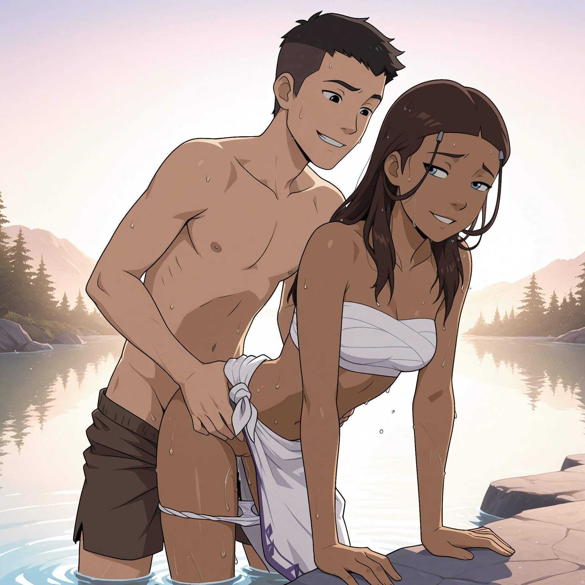 1boy, 1girls, ai generated, avatar the last airbender, blue eyes, brown hair, female, katara, lake, light-skinned female, looking back, looking pleasured, male, nickelodeon, outdoors, panties down, petite body, petite female, sarashi, sex, shorts down, small breasts, standing, standing sex, tan body, vaginal sex, water, wet