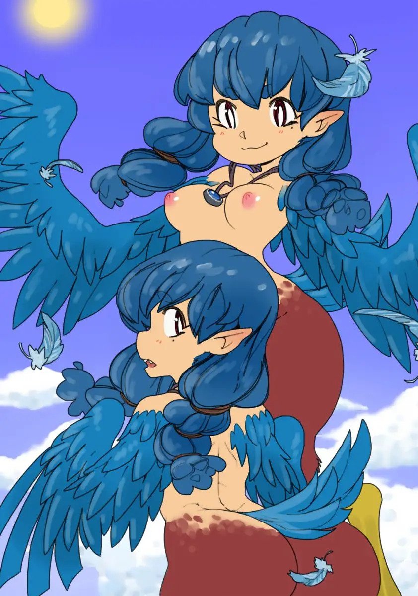 2girls, blue feathers, blue hair, cloud, dizzyspells, feathers, female, female only, hair, happy, harpy, harpy (terraria), looking back, mole, mole under eye, monster girl, multiple females, multiple girls, nipples, sky, terraria, wings, yuri