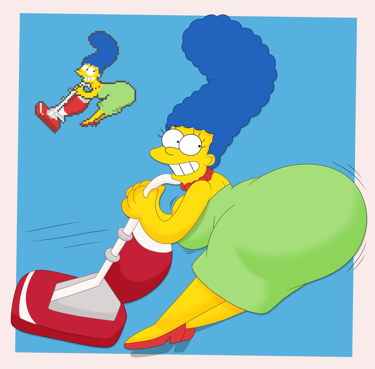 1girl, 2026, 3barts, ass attack, big ass, big breasts, blue hair, female, green clothing, marge simpson, milf, mother, mother (lore), pixel art, red heels, smile, tagme, the simpsons, vacuum, wide hips, yellow body, yellow skin