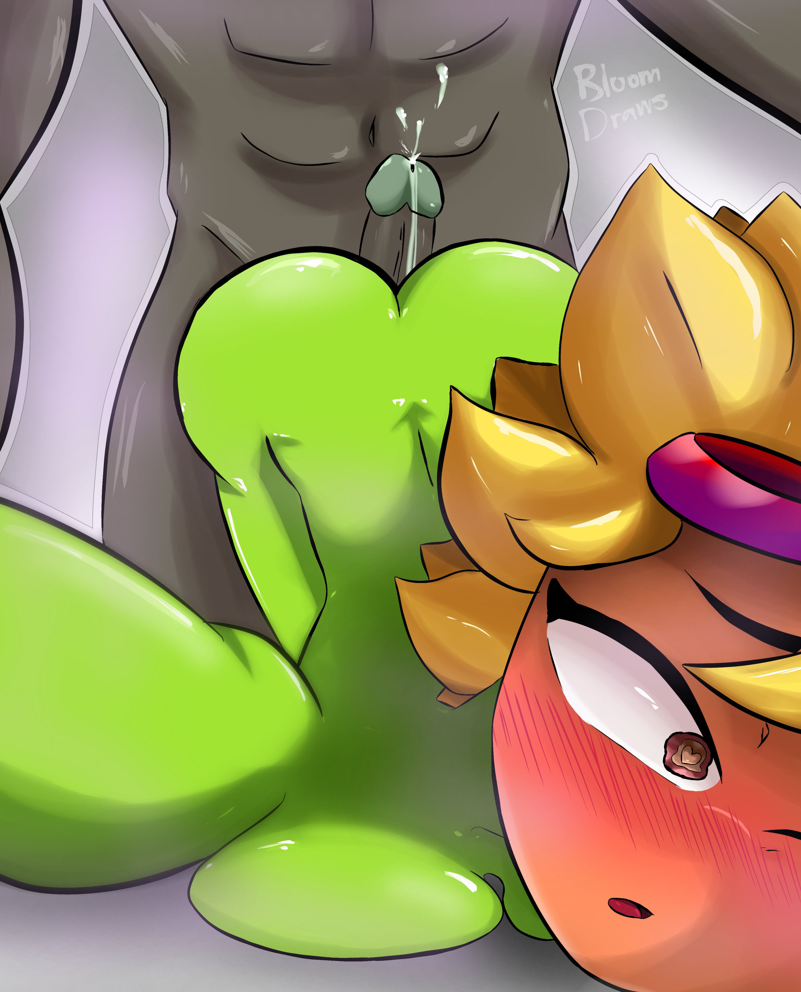 against wall, anthro, anthrofied, bent over, bloomdraws, blush, blushing, breasts, cock, cock against cheek, dick on ass, dominant male, flora fauna, freckles, goggles, green skin, heart-shaped pupils, muscles, plant girl, plantie, plants vs zombies, plants vs zombies: heroes, plants vs. zombies, pvz, pvz heroes, solar flare (pvz), submissive female, sunflower (pvz), super brainz (pvz)