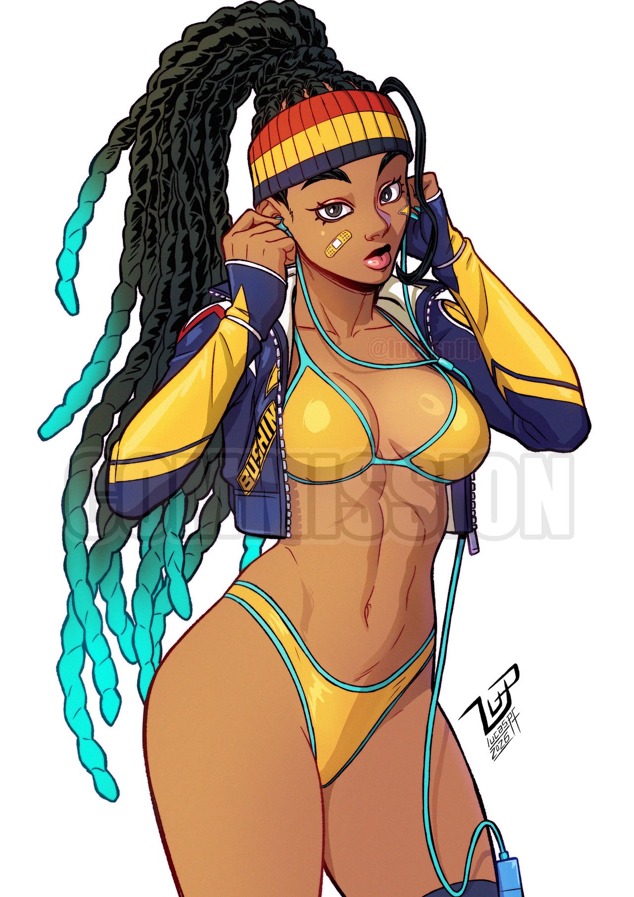 1girls, big breasts, bikini, bikini under clothes, breasts, capcom, curvy, dark skin, dark-skinned female, female, highleg bikini, kimberly jackson, lucaspflp, parted lips, solo, street fighter, street fighter 6, thong, thong bikini, wide hips, yellow bikini