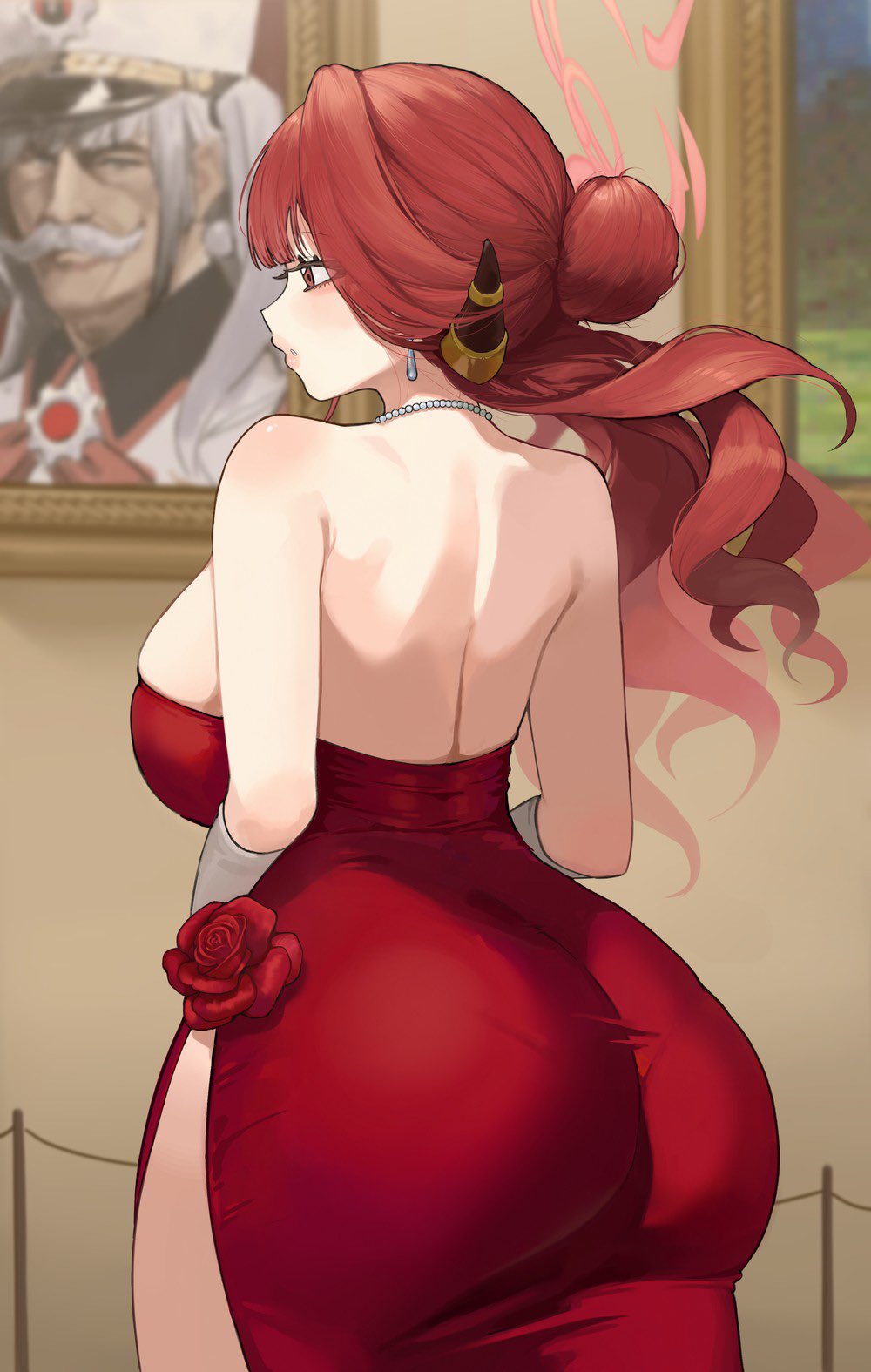1girls, aru (blue archive), aru (dress) (blue archive), ass, back, blue archive, breasts, cherino (blue archive), demon horns, diamond necklace, doddbdck1103, dress, elbow gloves, evening gown, from behind, hair bun, halo, horns, huge ass, large breasts, long hair, necklace, pink halo, red dress, red hair, skindentation, solo, strapless, strapless dress
