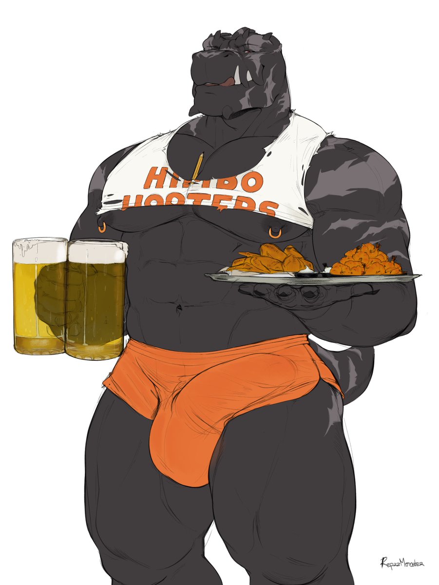 2020 abs alcohol anthro ball_bulge beer beverage big_bulge bottomwear bulge chicken_wings clothing cyrus_(repzzmonster) genital_outline hi_res himbo_hooters hooters huge_bulge male male_only muscular muscular_male nipple_piercing nipples pecs penis_outline piercing reptile repzzmonster scalie sharp_teeth shirt shorts simple_background teeth tongue tongue_out topwear white_background