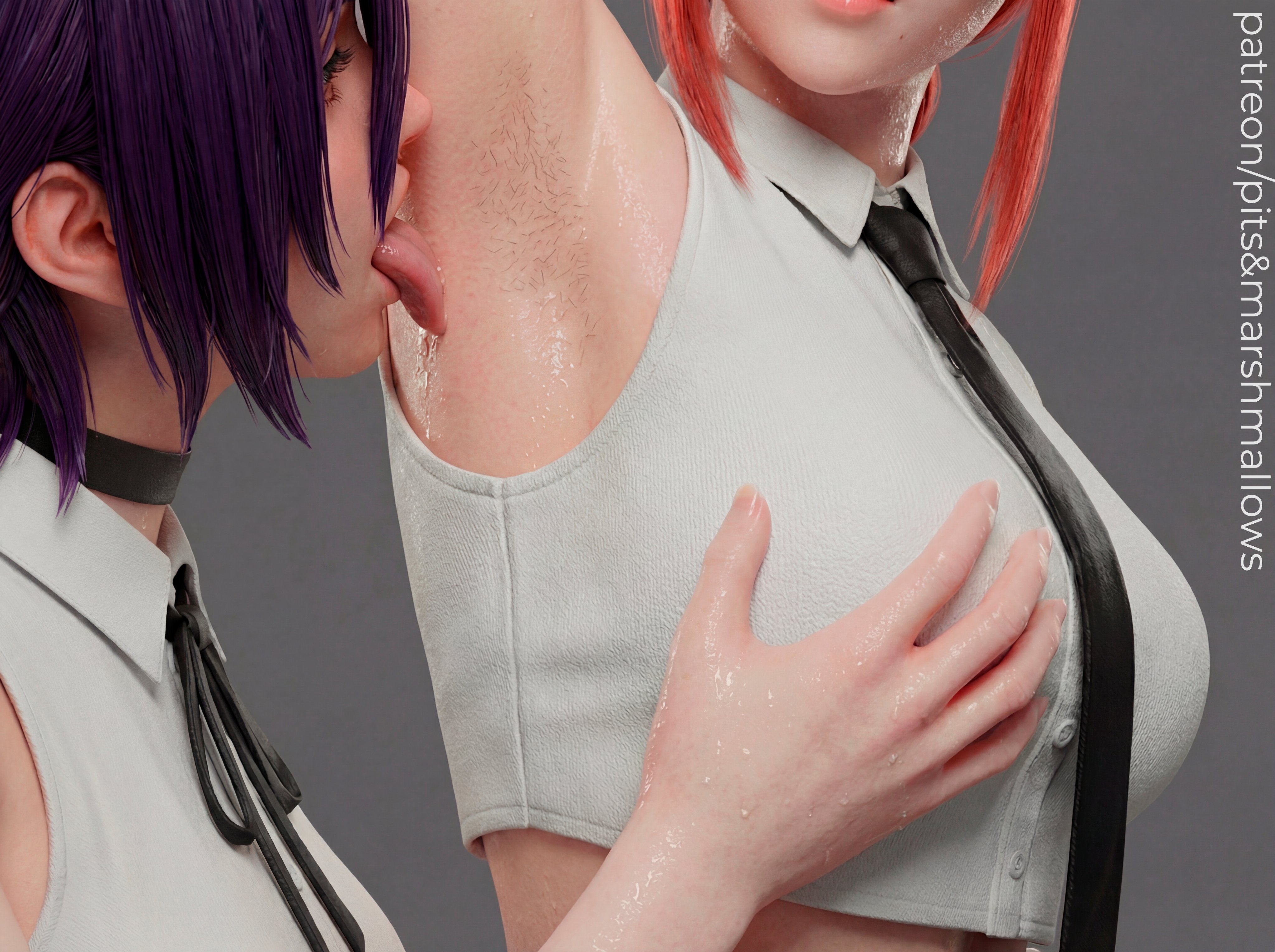 2girls, 3d, anna chan516, armpit fetish, armpit licking, armpits, arms up, chainsaw man, lesbian, licking armpit, makima (chainsaw man), office clothing, pits&marshmallows, reze (chainsaw man), sleeveless, sweat, sweaty
