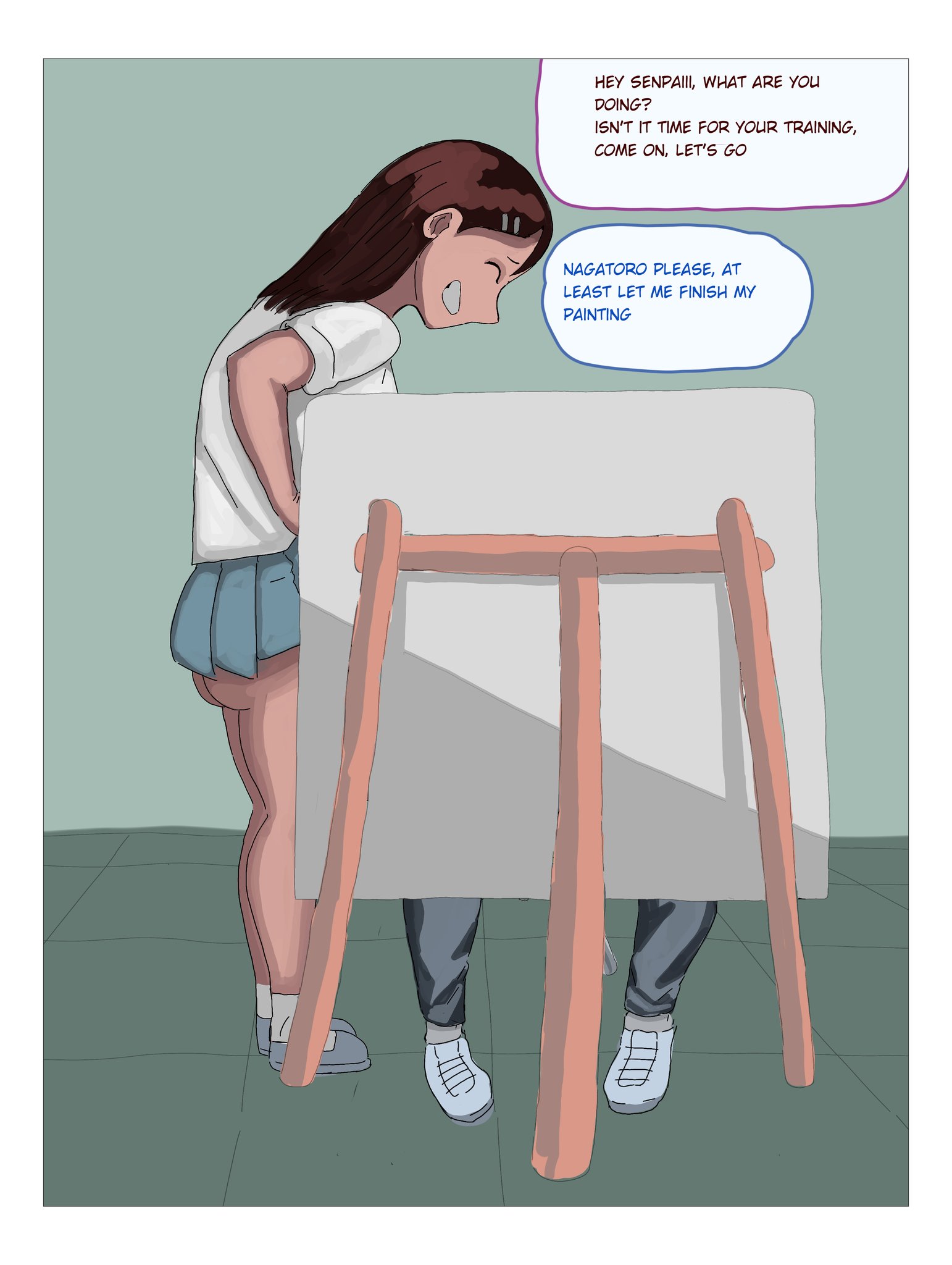 1boy, 1futa, clothed, clothing, futa on male, futanari, hayase nagatoro, imminent sex, naoto hachioji (senpai), noodlebanjoe, painting, please don't bully me, nagatoro, school uniform, sitting, standing, text