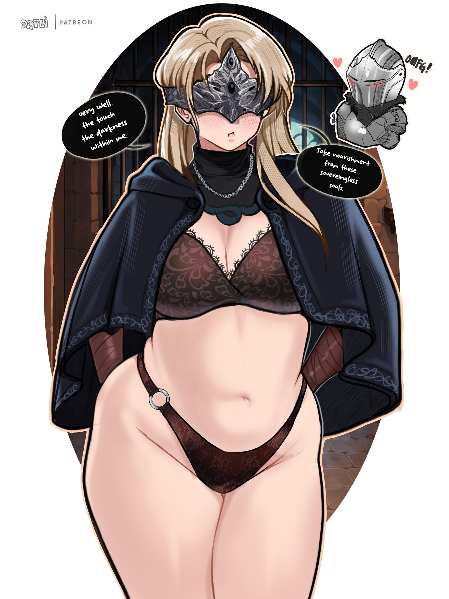 ashen one, black panties, blonde hair, blush, cloak, dark souls, dark souls 3, datli64, fire keeper, hip dips, hips, hips wider than shoulders, large ass, large breasts, large thighs, lingerie, pout, wide hips, wide thighs