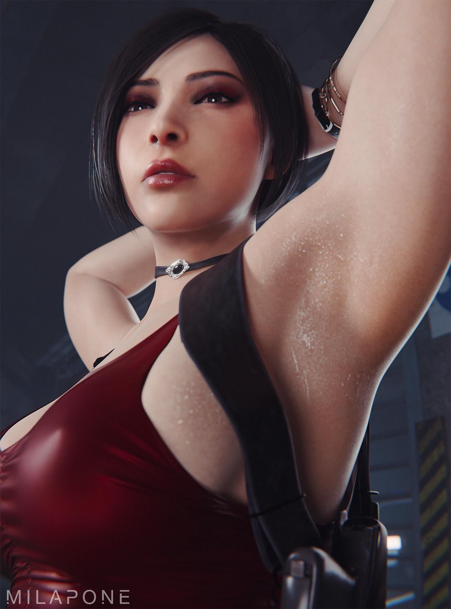 ada wong, ada wong (adriana), armpit fetish, armpits, asian, asian female, choker, female, female only, milapone, red dress, resident evil, resident evil 2, resident evil 2 remake, solo, sweaty armpit